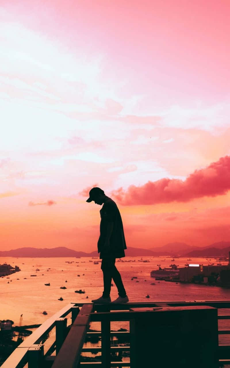 rooftop railing, vibrant pink and orange sunset, harbor, HD Phone Wallpaper