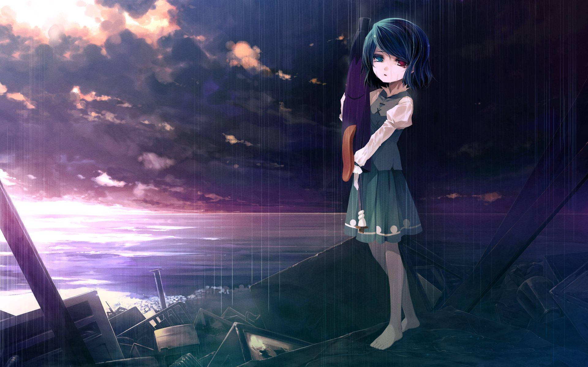 anime girl, dark hair, ruined rooftop, Full HD Desktop Wallpaper