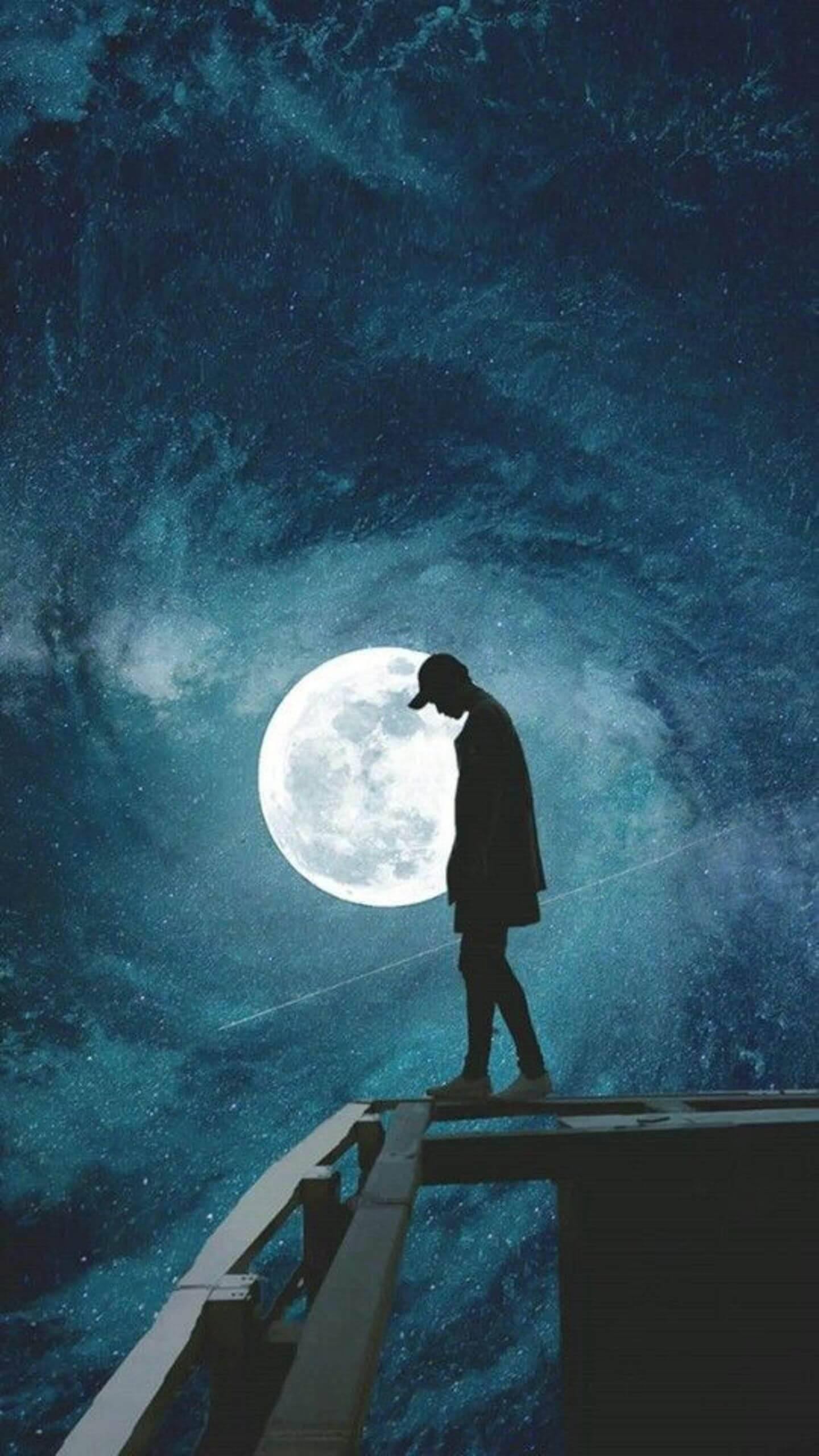 Sad Boy, wooden pier, massive moon, 2K Phone Wallpaper
