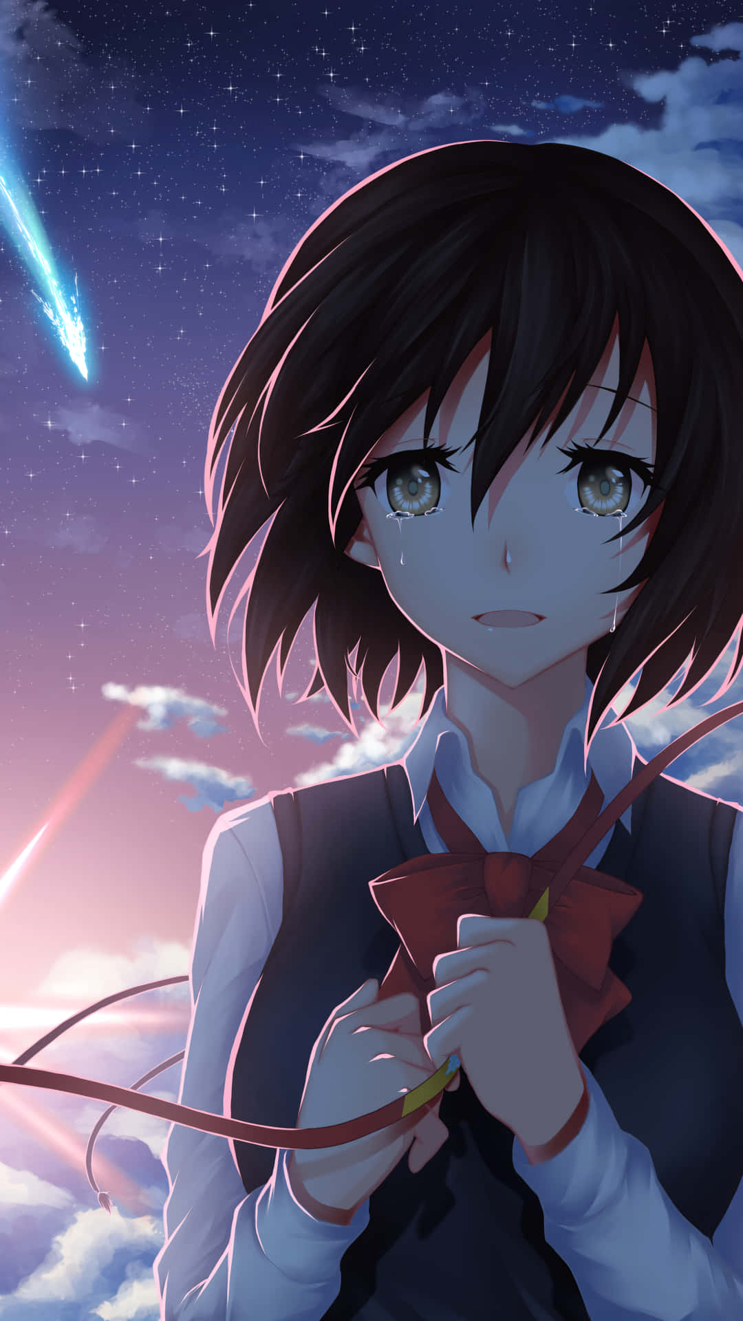 anime girl, dark hair, green eyes, Full HD Phone Wallpaper