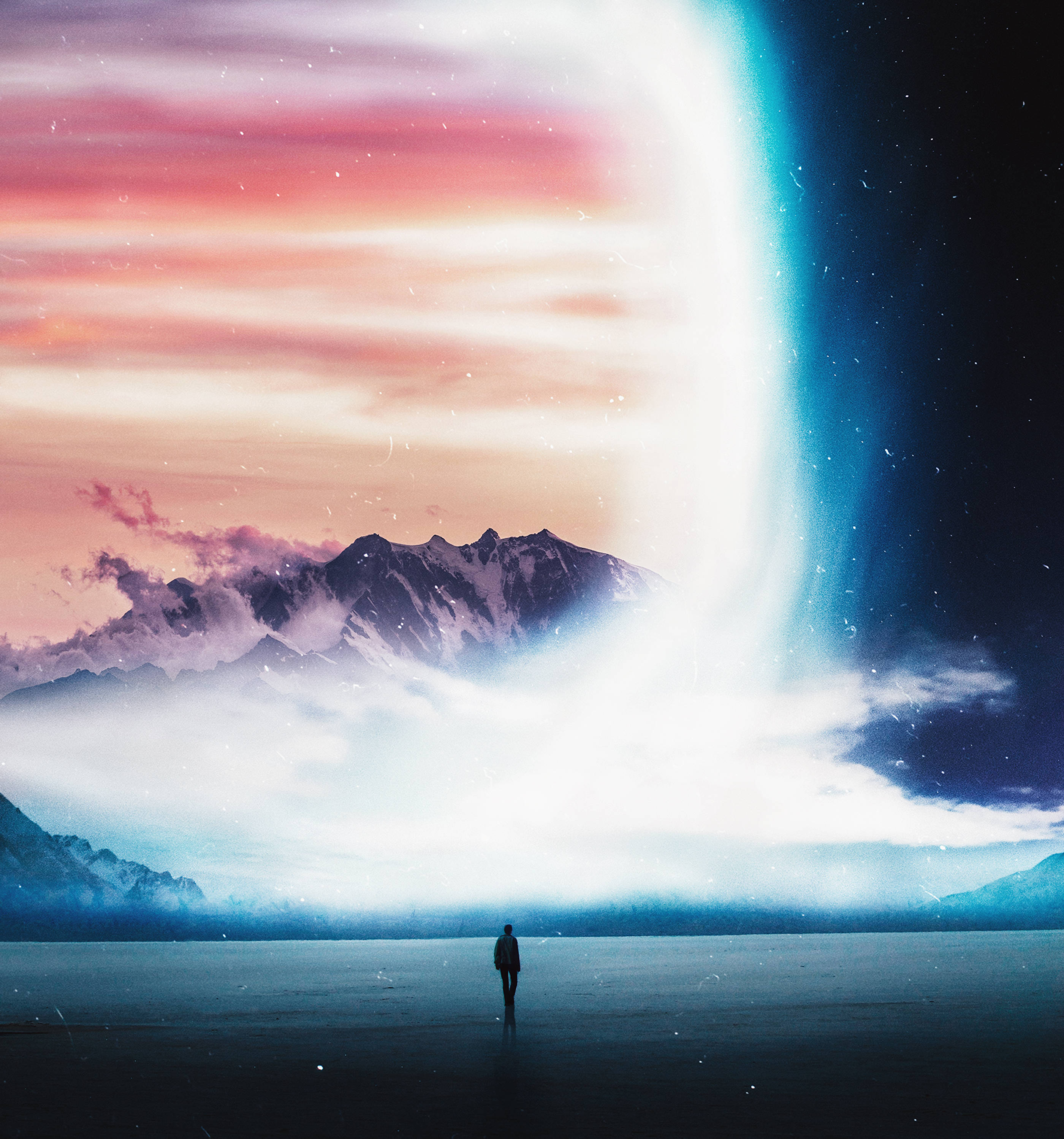 sad man, snow-covered terrain, misty plain, 2K Phone Wallpaper