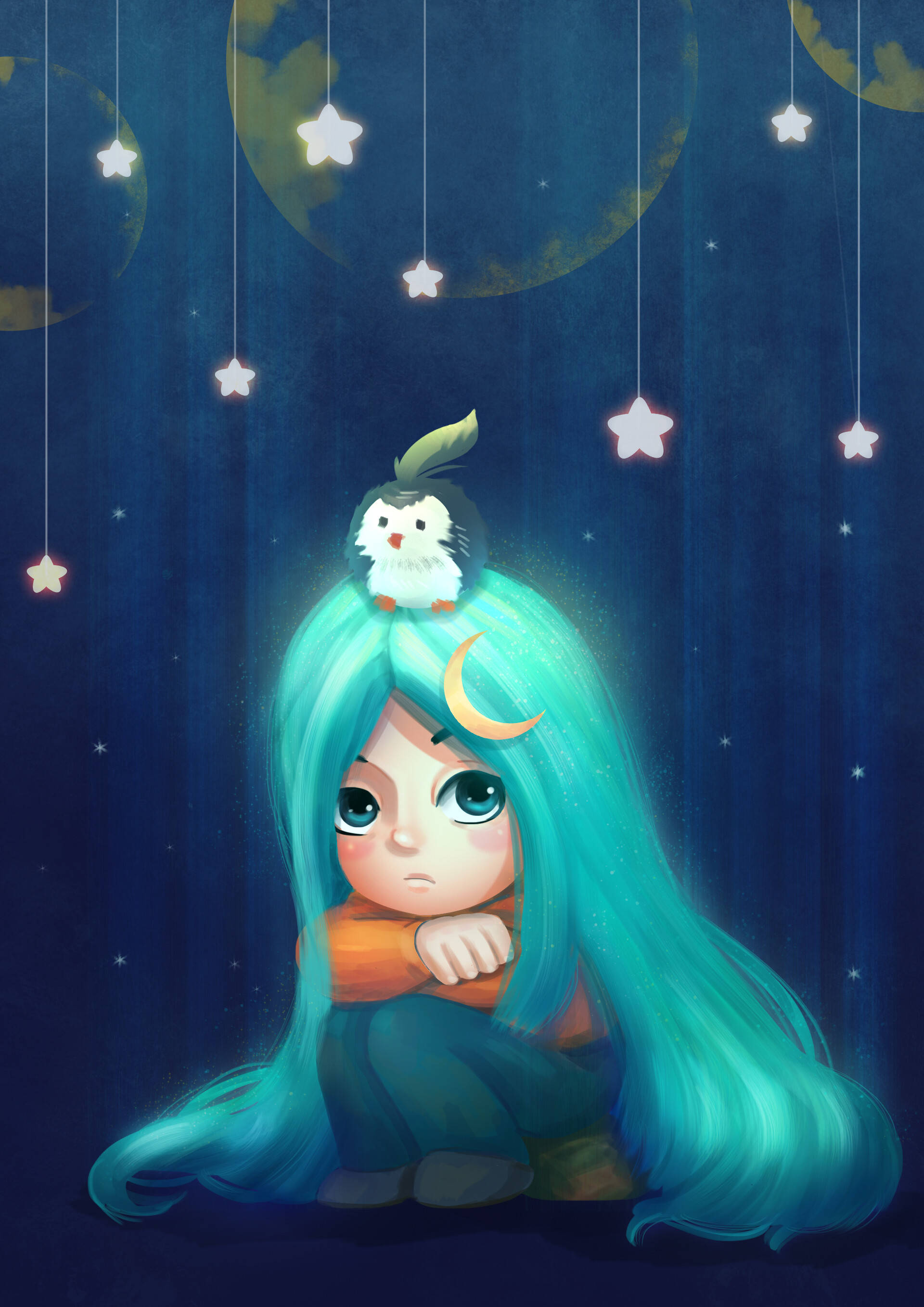 turquoise hair, anime girl, hanging stars, 2K Phone Wallpaper
