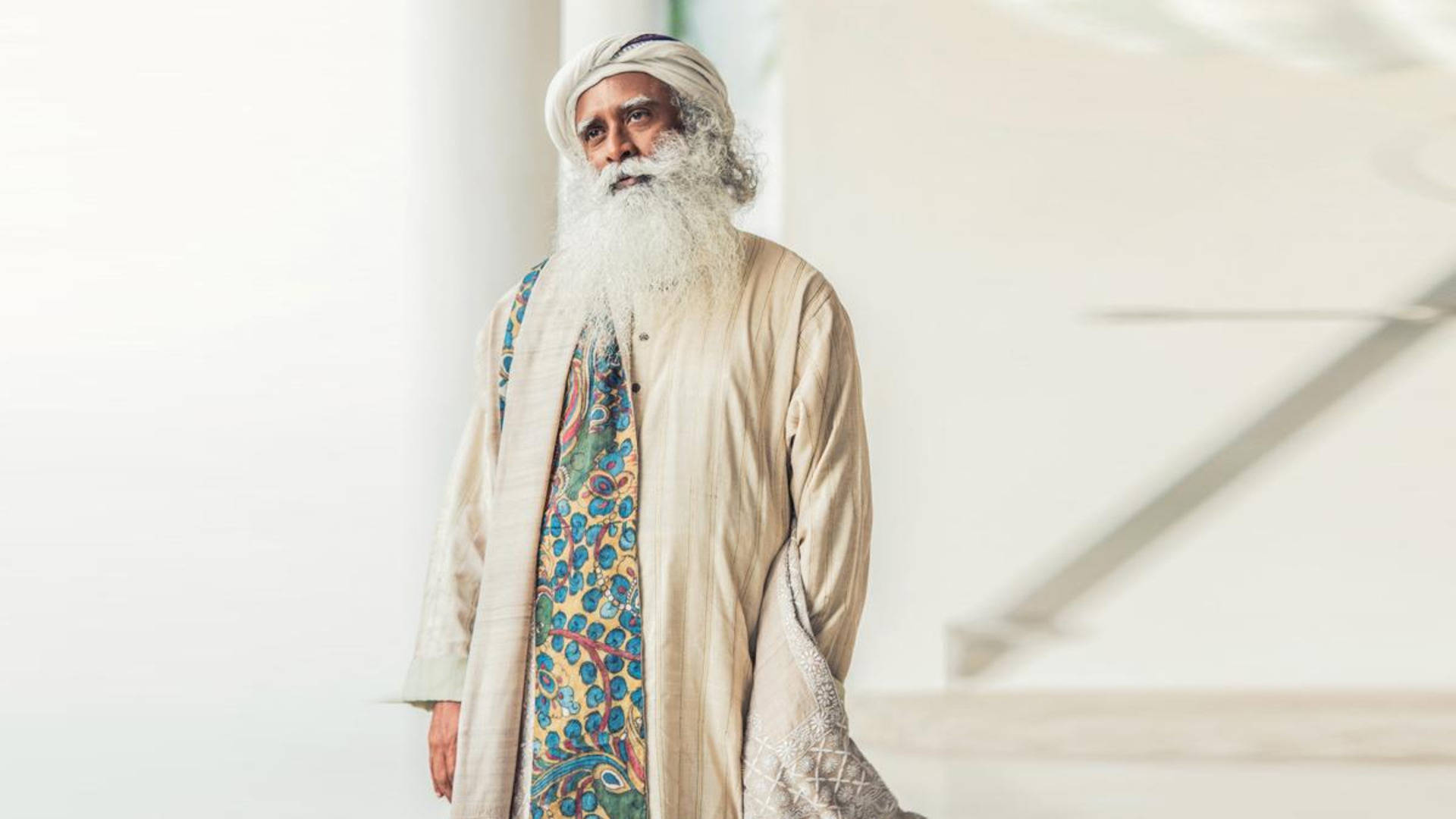 Sadhguru, white hall, long white beard, Full HD Desktop Wallpaper