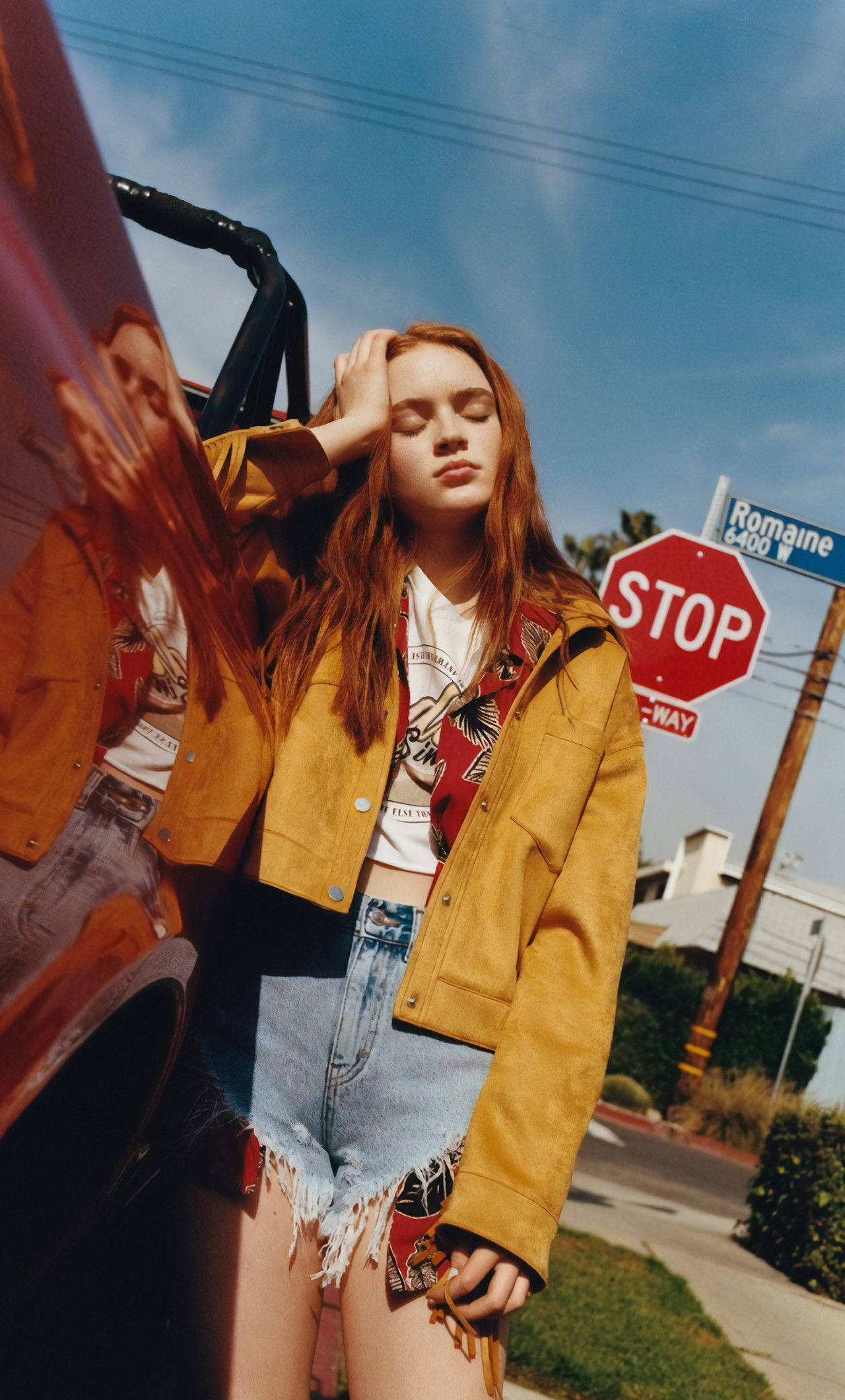 Sadie Sink, red hair, vintage red car, Full HD Phone Wallpaper