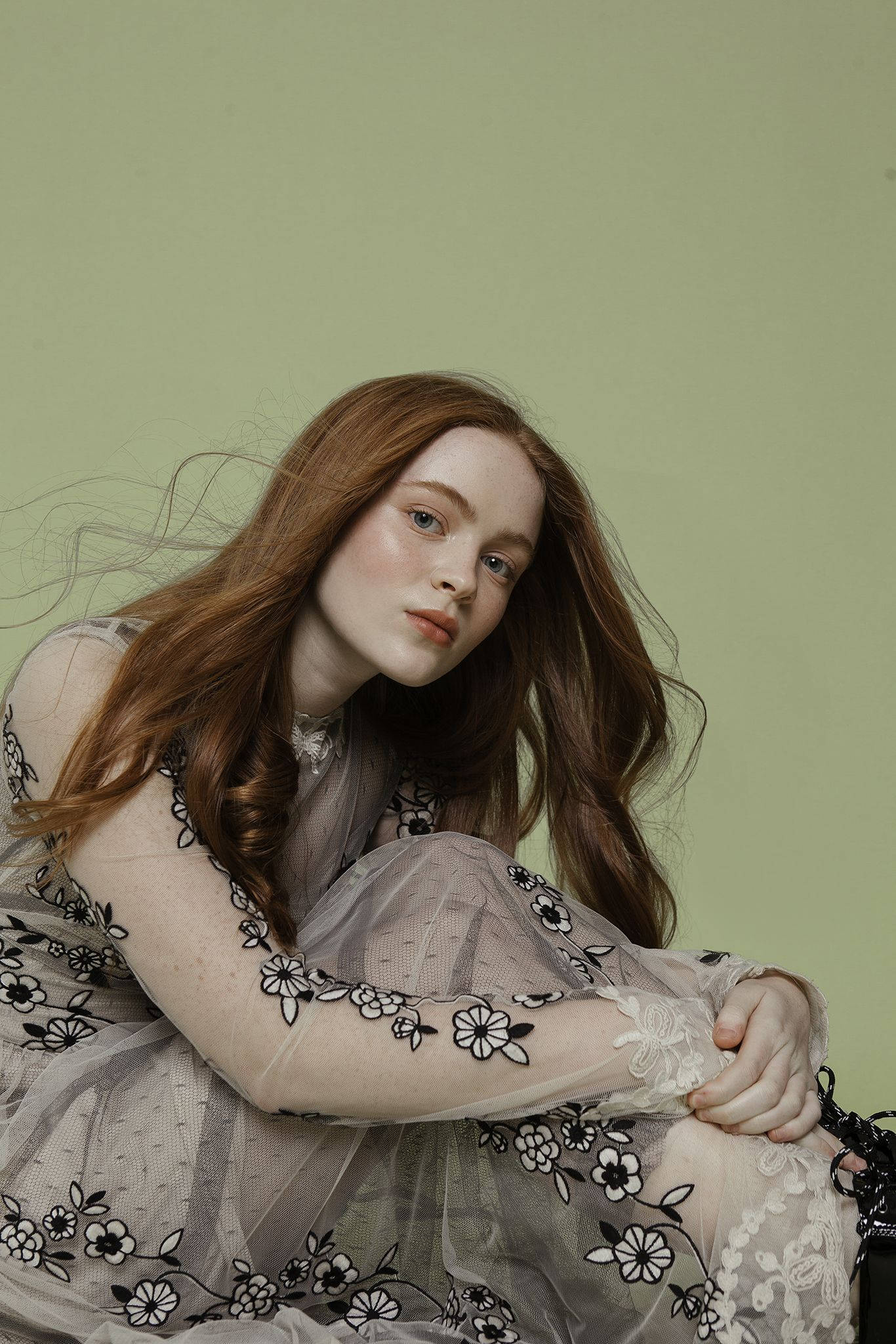 Sadie Sink, flowery lace dress, flowing red hair, Full HD Phone Wallpaper