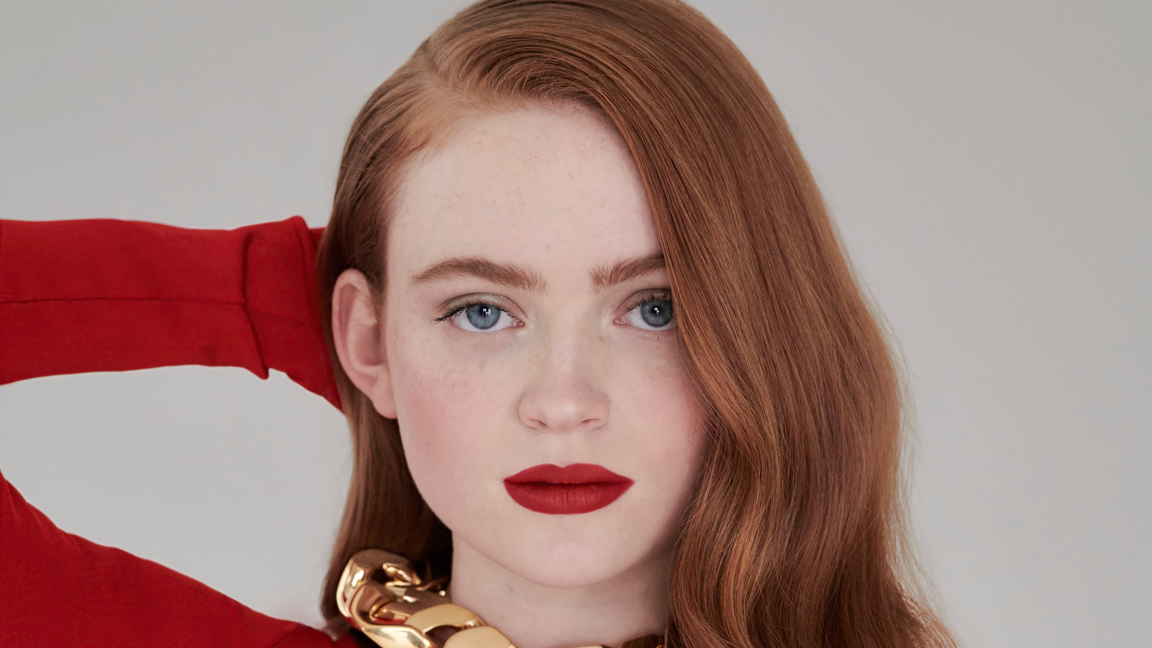 Sadie Sink, red hair, red lipstick, 4K Desktop Wallpaper