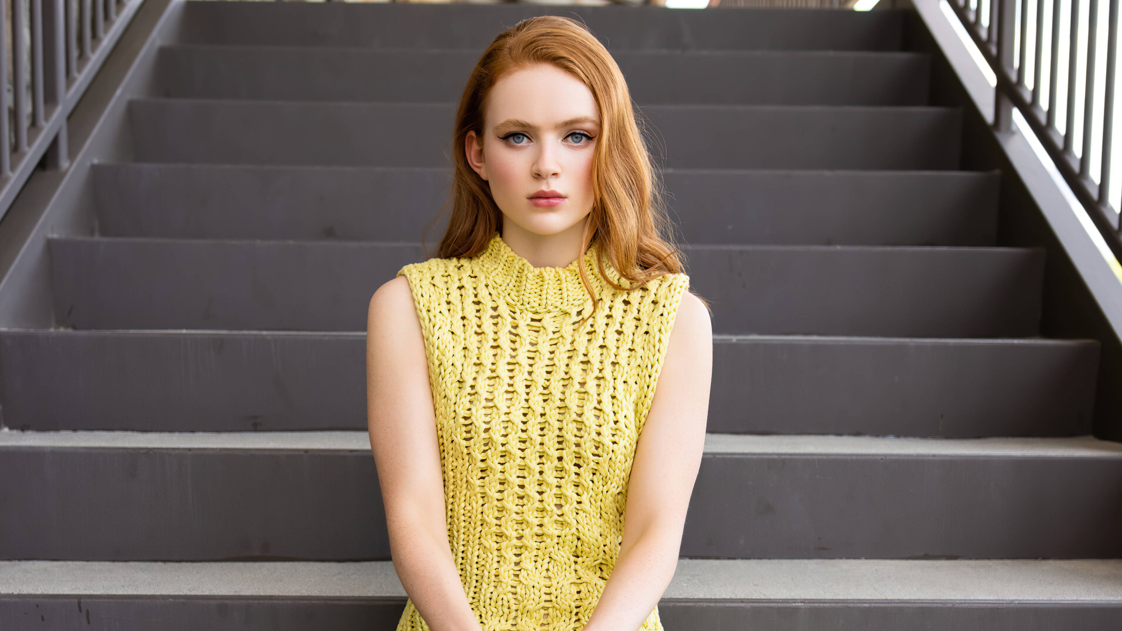 Sadie Sink, red hair, gray concrete stairs, 2K Desktop Wallpaper