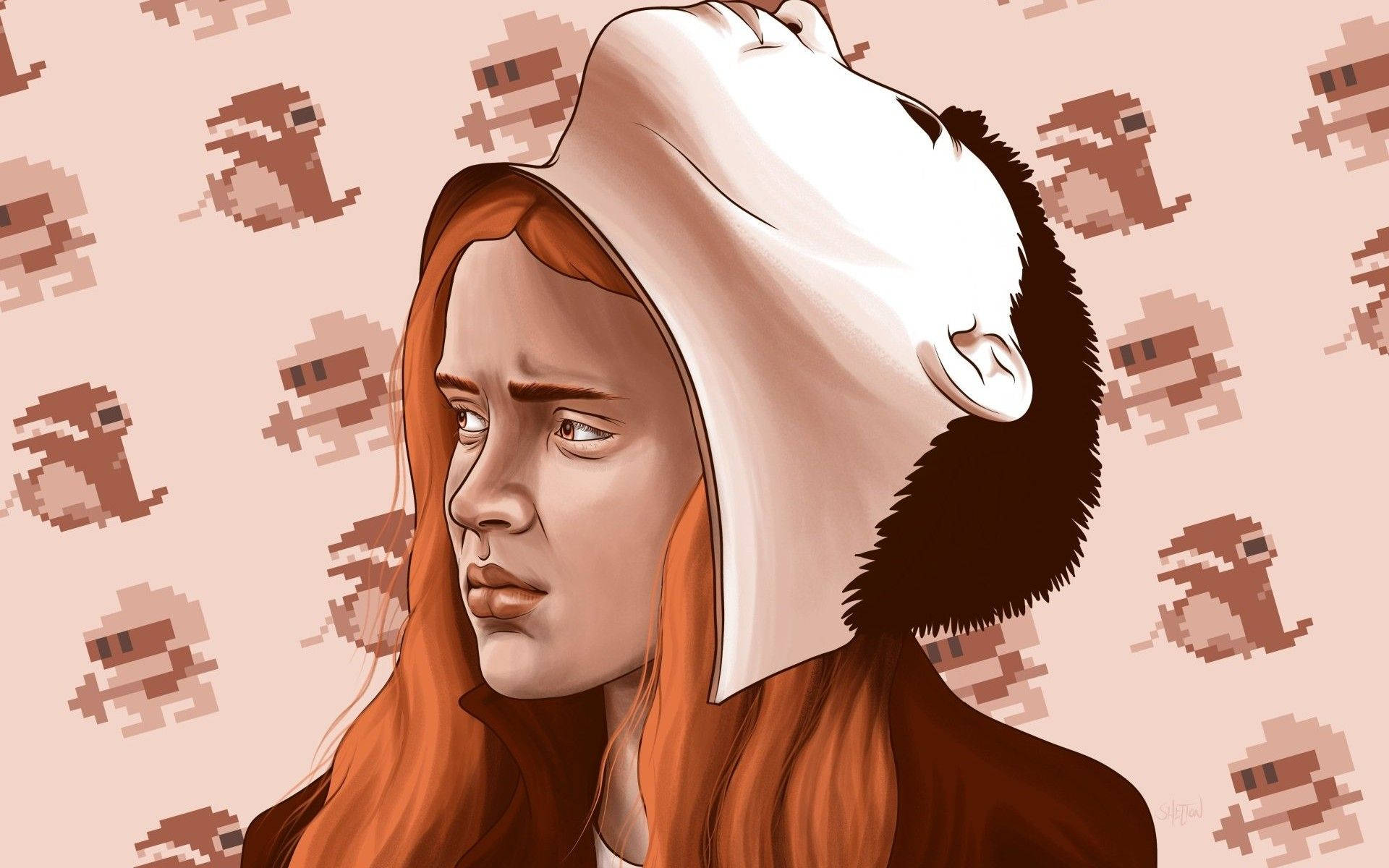 Sadie Sink, red hair, white hooded jacket, Full HD Desktop Wallpaper