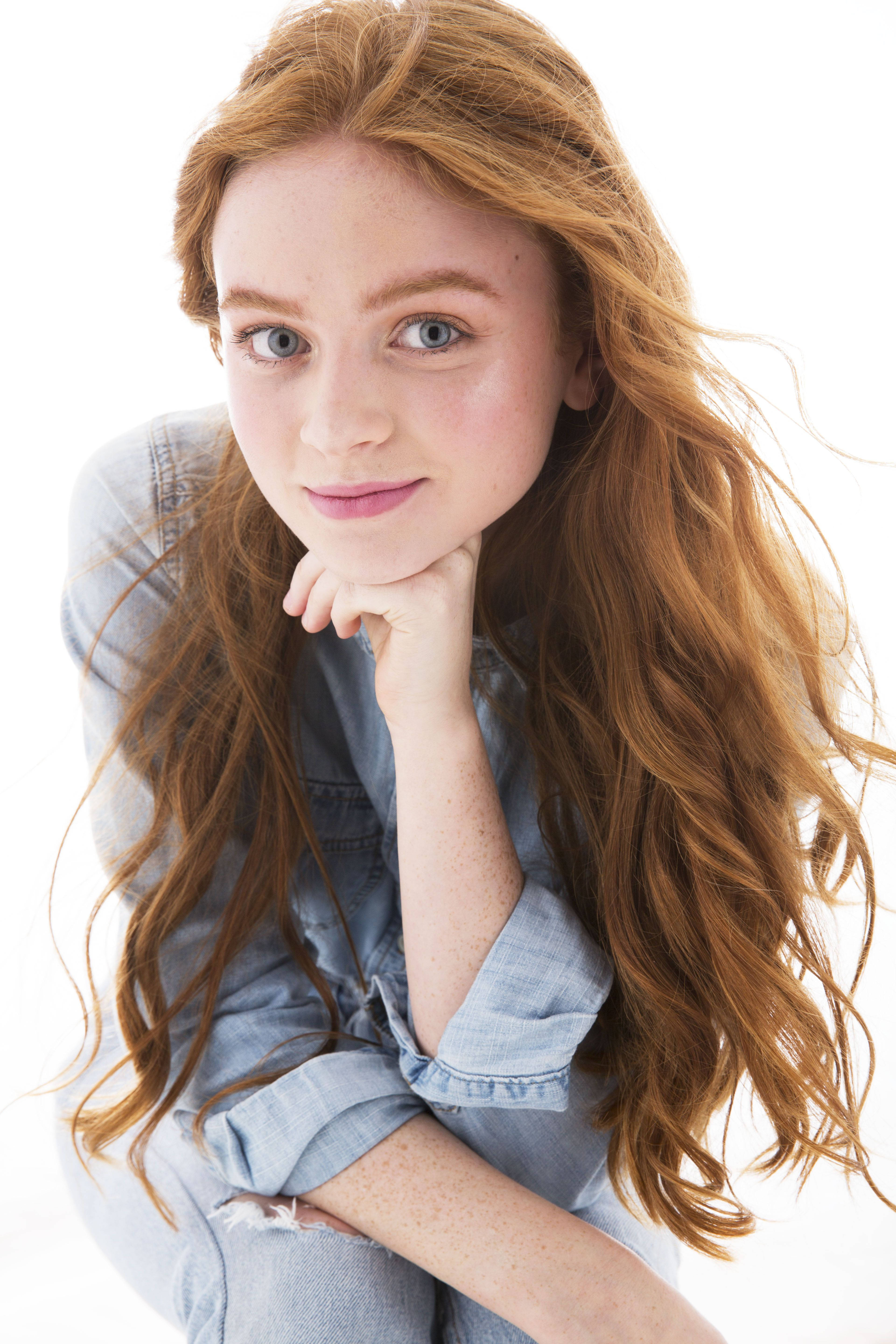 Sadie Sink, denim clothes, vibrant red hair, 5K Phone Wallpaper