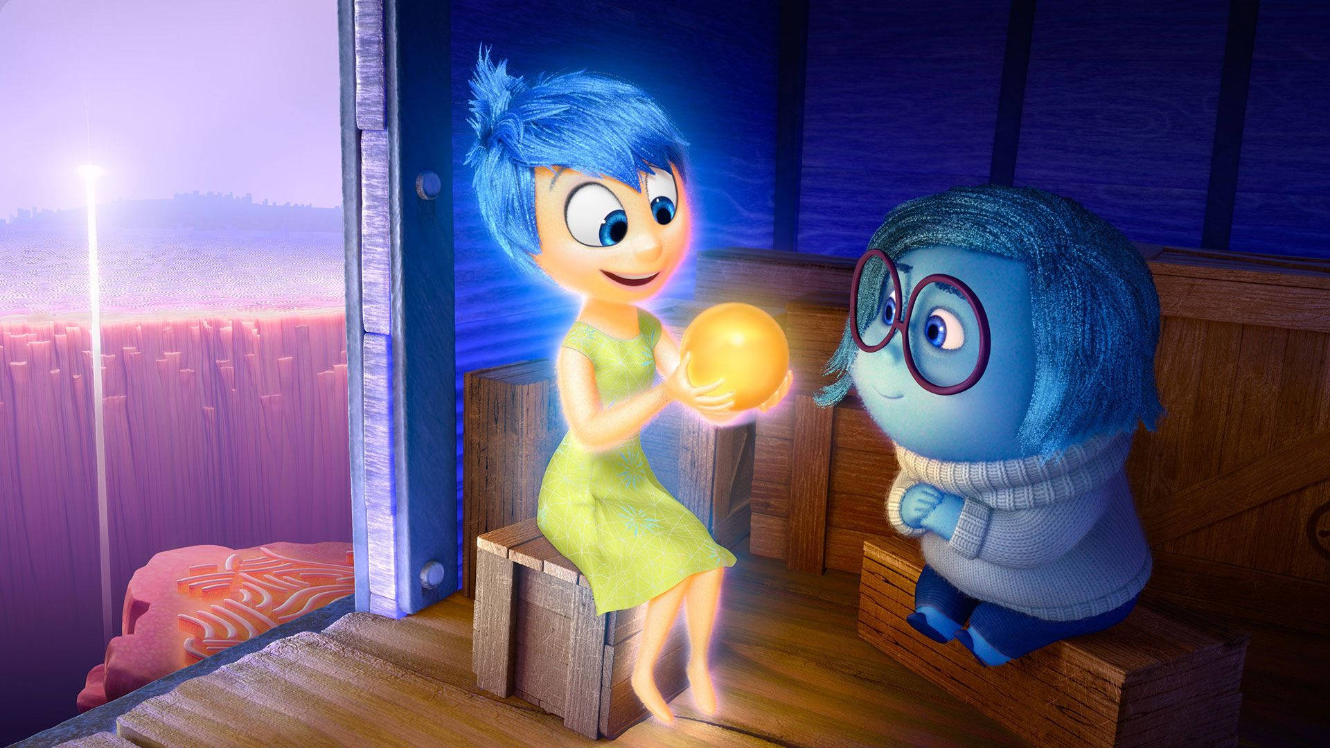 Sadness Inside Out, blue-haired animated characters, glowing orange ball, Full HD Desktop Wallpaper