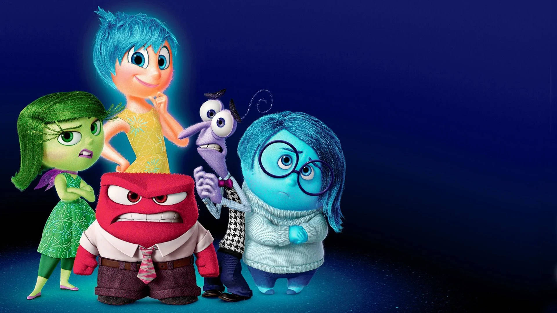 Sadness Inside Out, animated emotion characters, dark blue background, Full HD Desktop Wallpaper