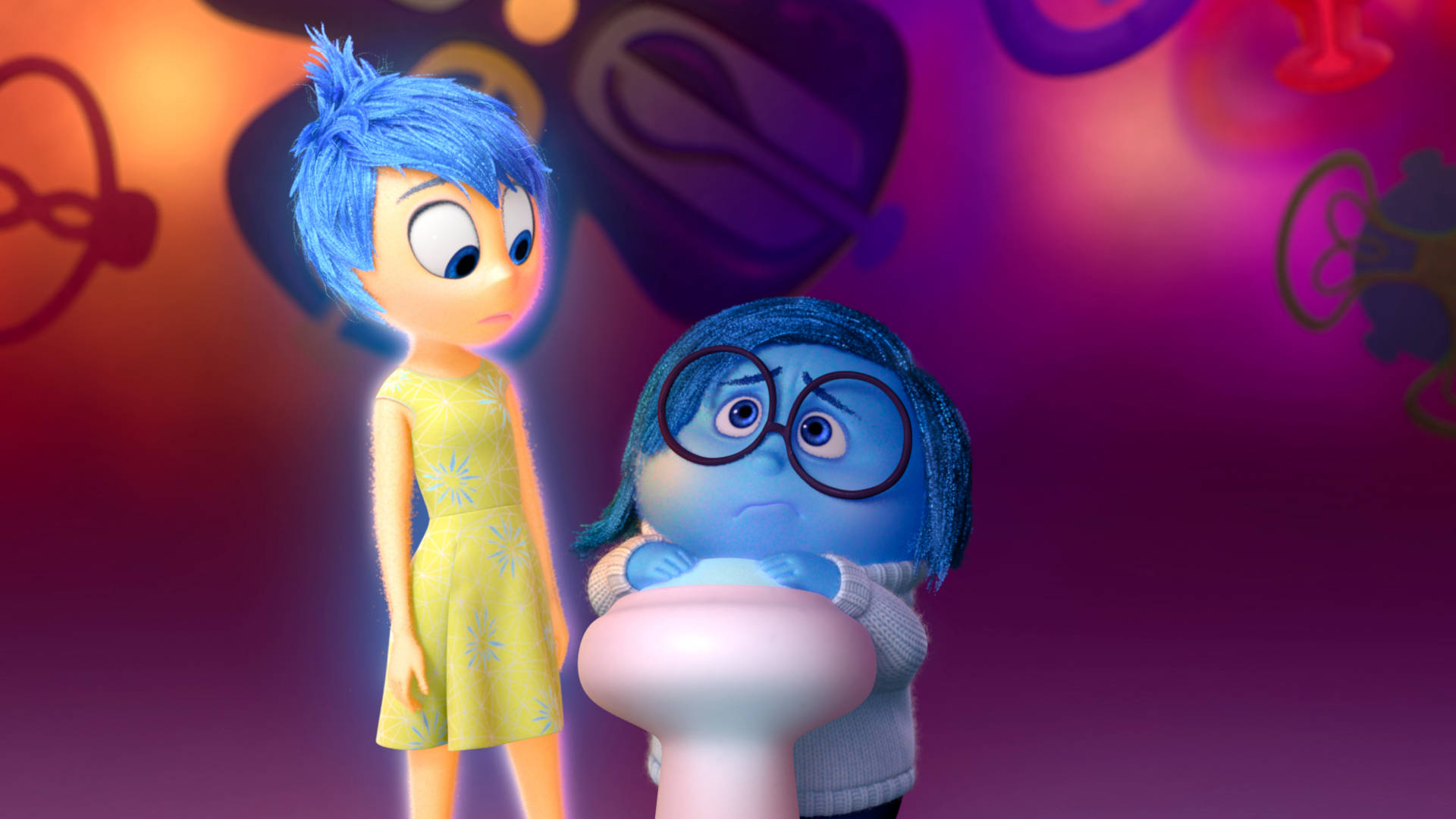 Sadness Inside Out, control room, blue-haired characters, Full HD Desktop Wallpaper
