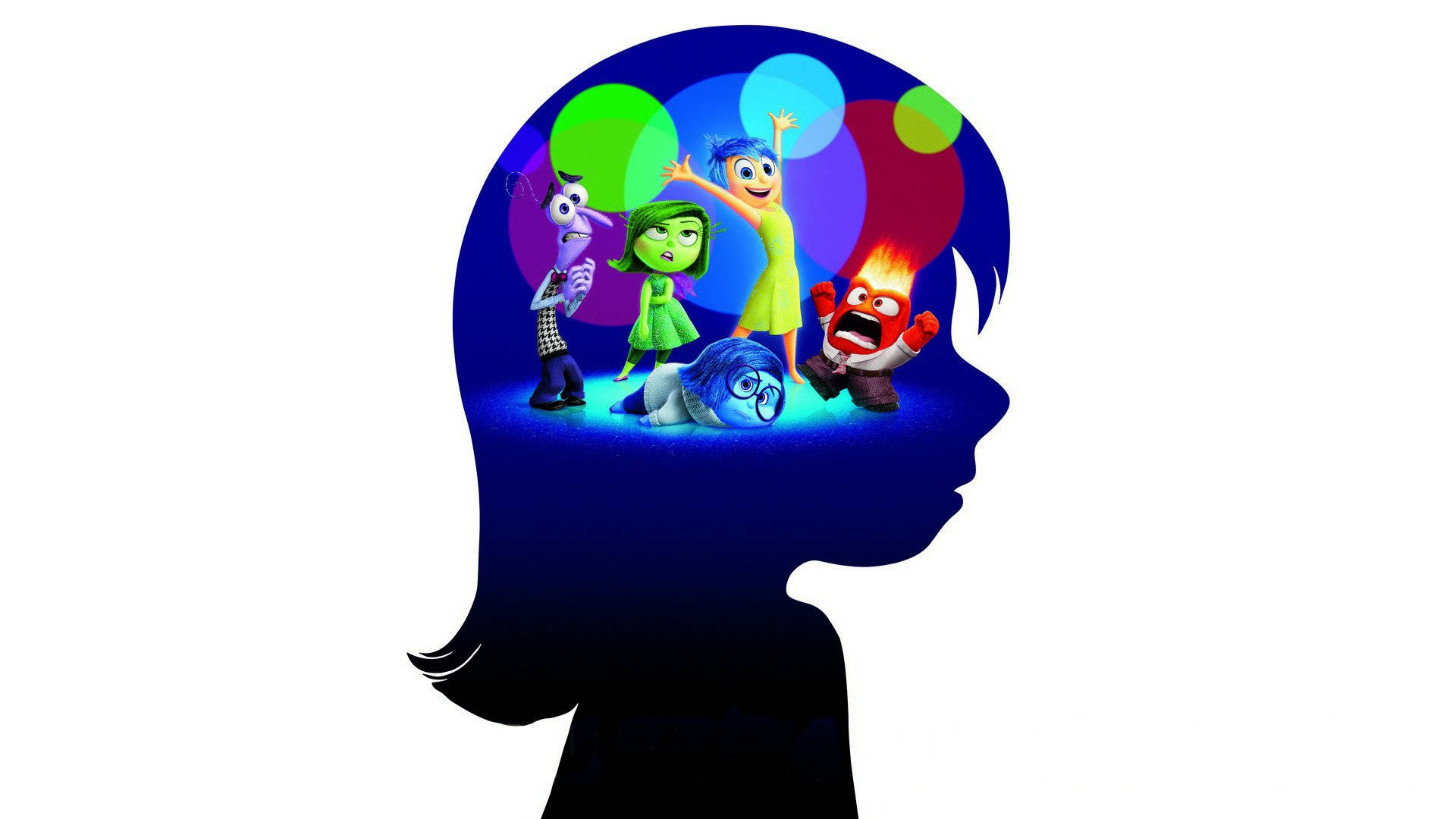 Sadness Inside Out, girl's silhouette, colorful animated emotion characters, Full HD Desktop Wallpaper