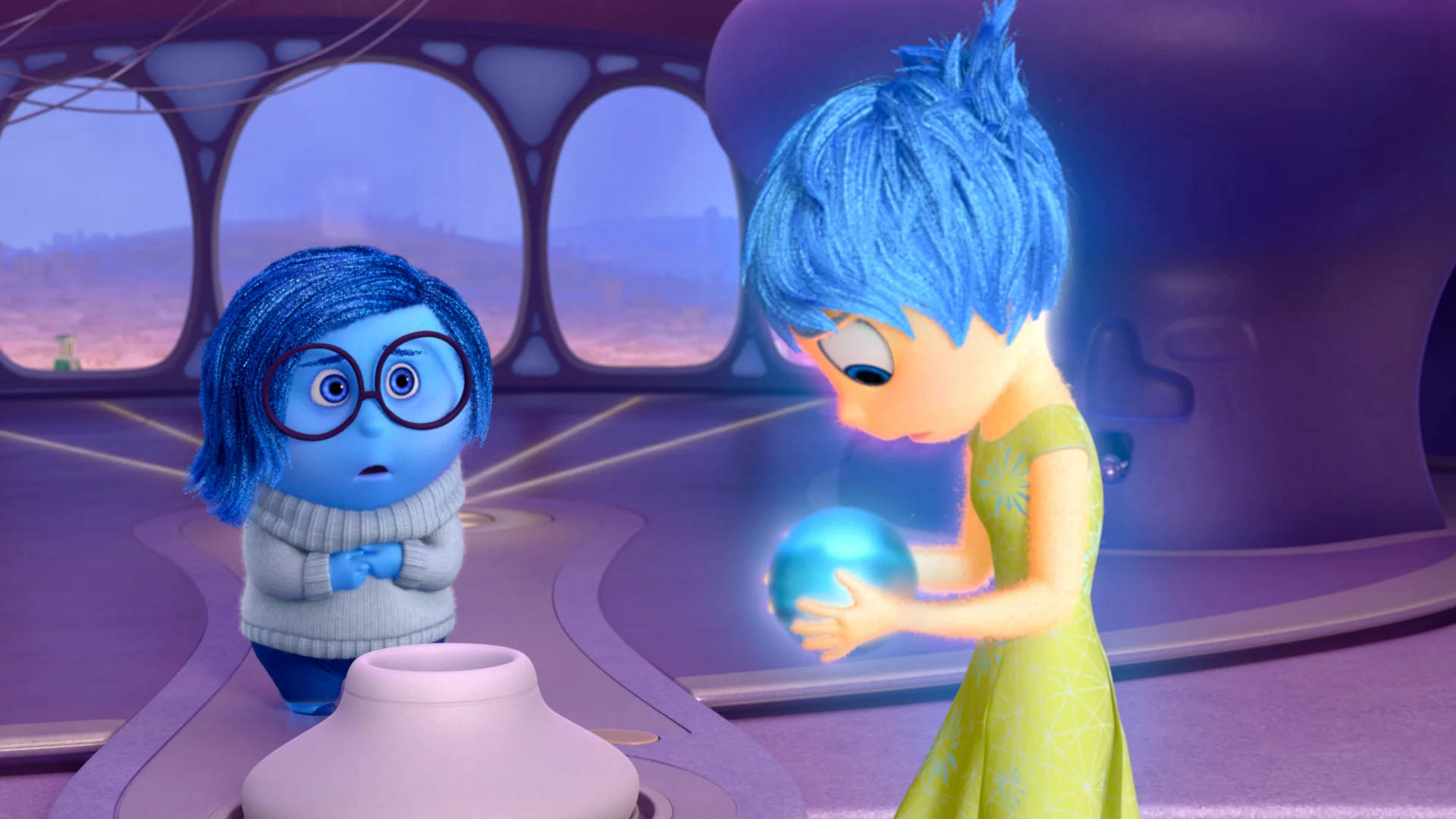 Sadness Inside Out, blue-haired animated characters, futuristic control room, Full HD Desktop Wallpaper