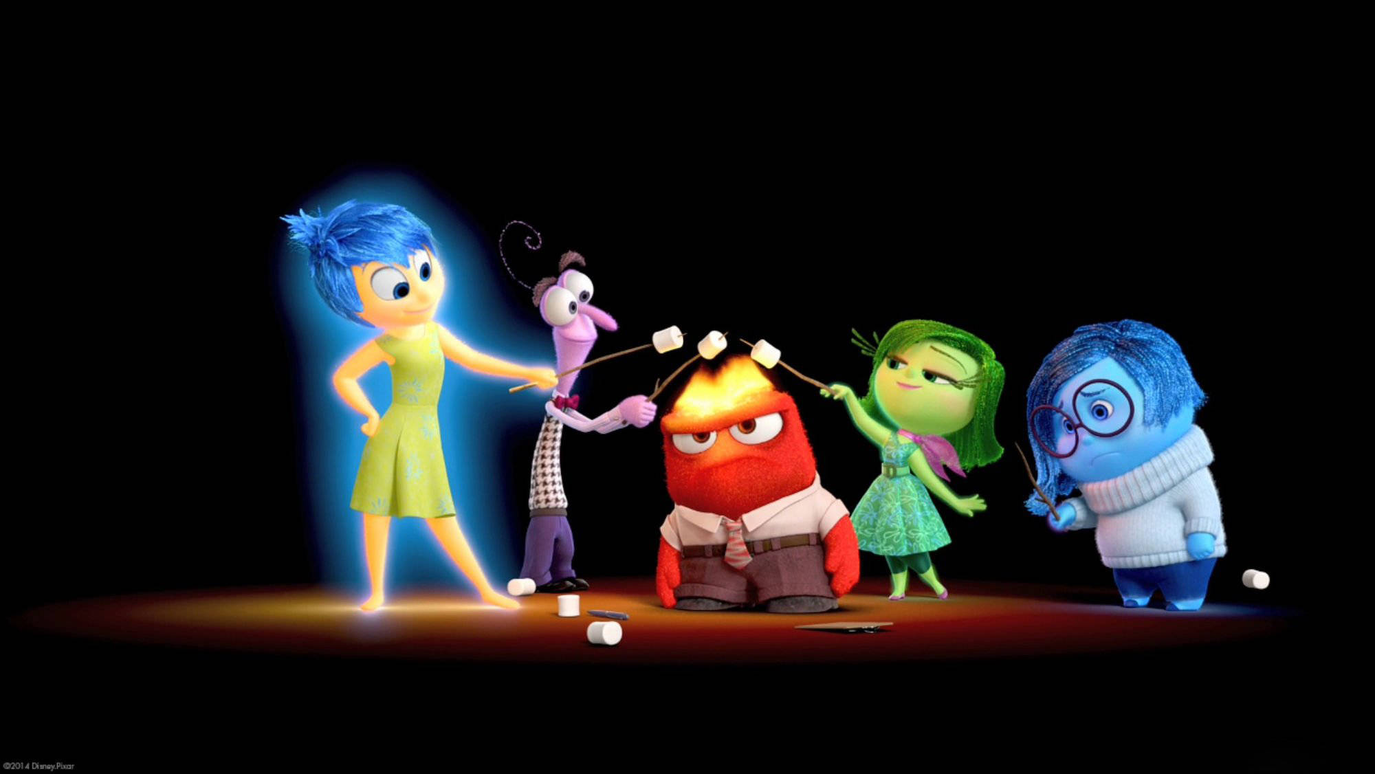 Sadness Inside Out, animated emotion characters, roast marshmallows, Full HD Desktop Wallpaper