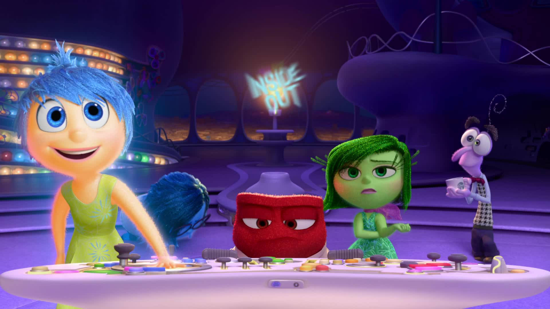 Inside Out, glowing purple control room, Vivid animated characters, Full HD Desktop Wallpaper