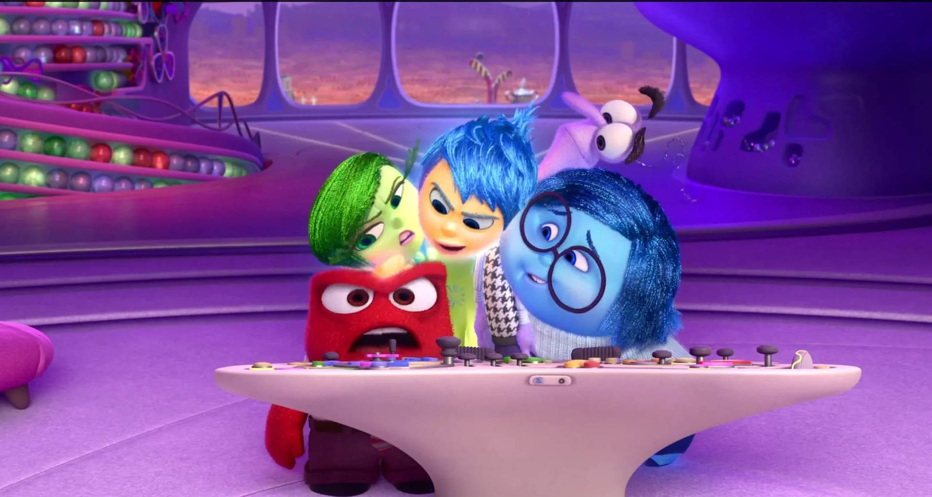 Sadness Inside Out, animated emotion characters, purple futuristic cockpit, HD Desktop Wallpaper