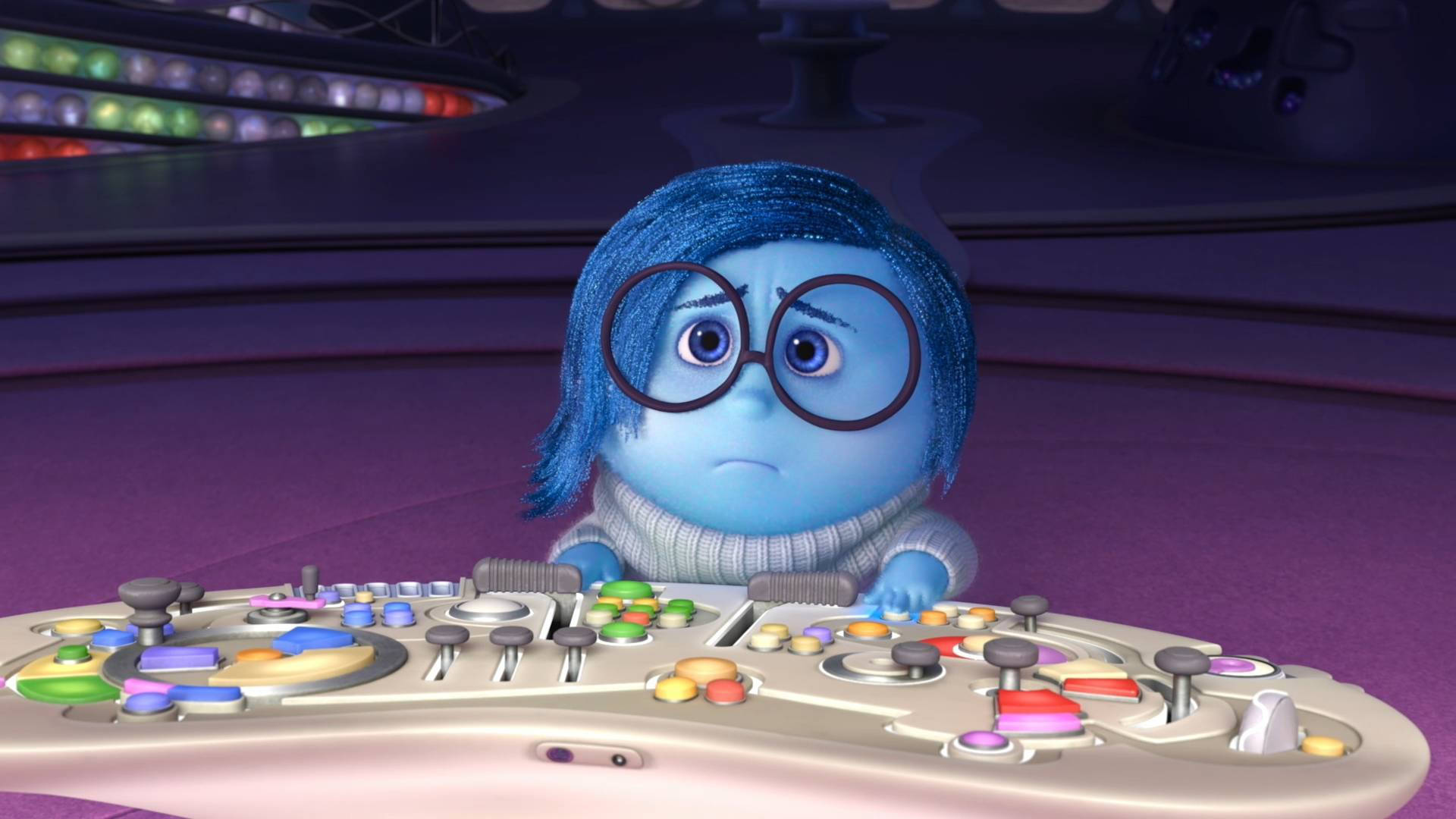 Sadness Inside Out, blue animated character, glasses, Full HD Desktop Wallpaper