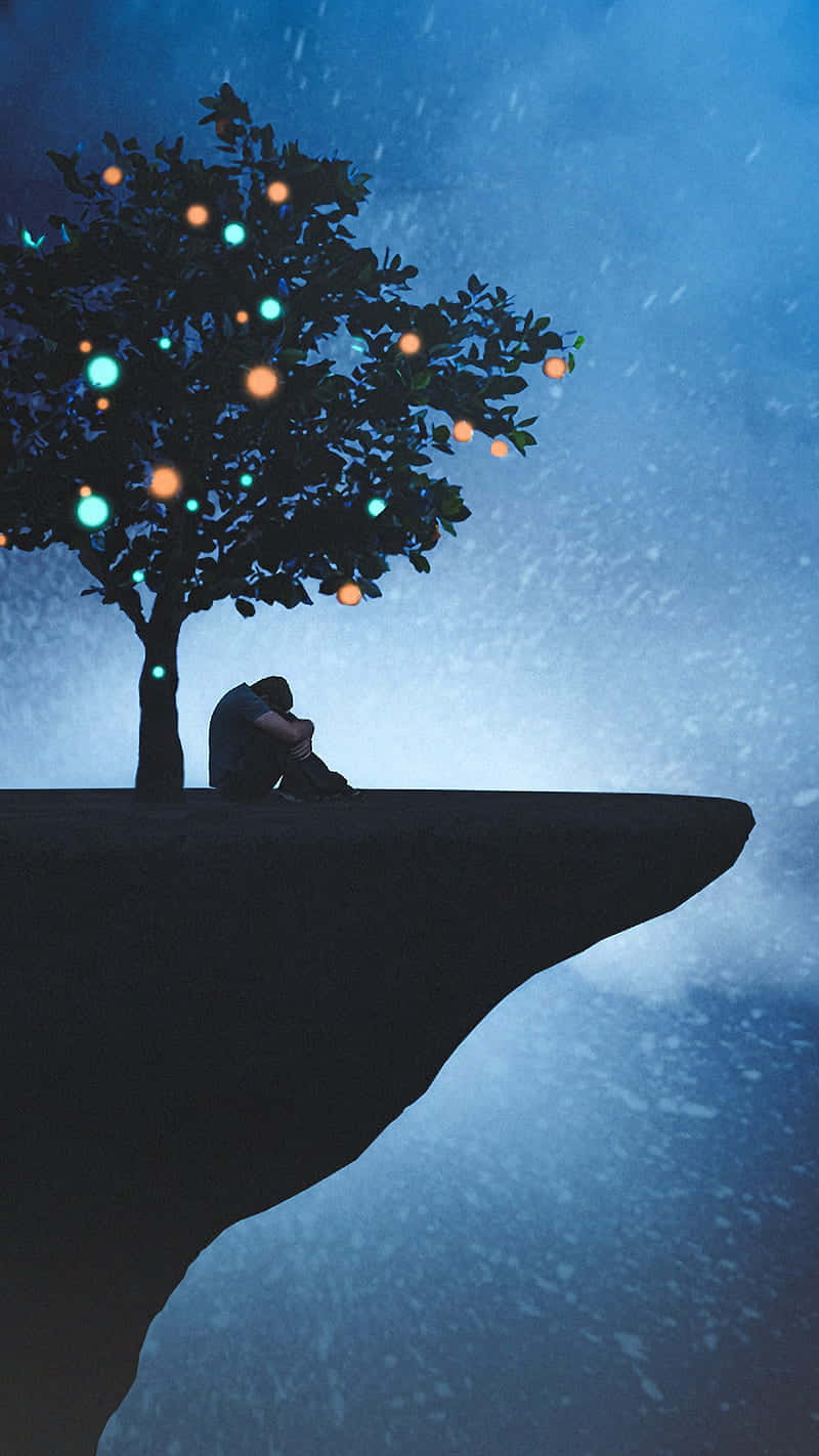 glowing tree, cliff edge, snow, HD Phone Wallpaper