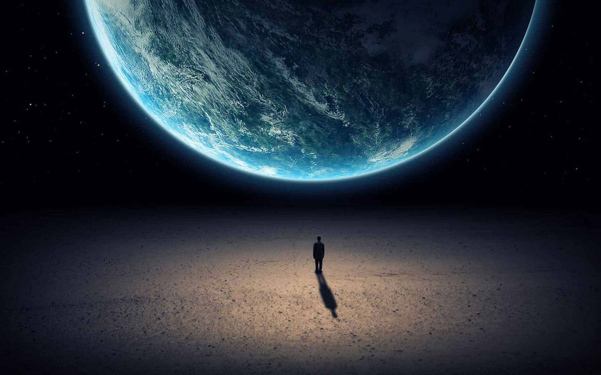 barren moon surface, massive blue Earth, starry void, Full HD Desktop Wallpaper