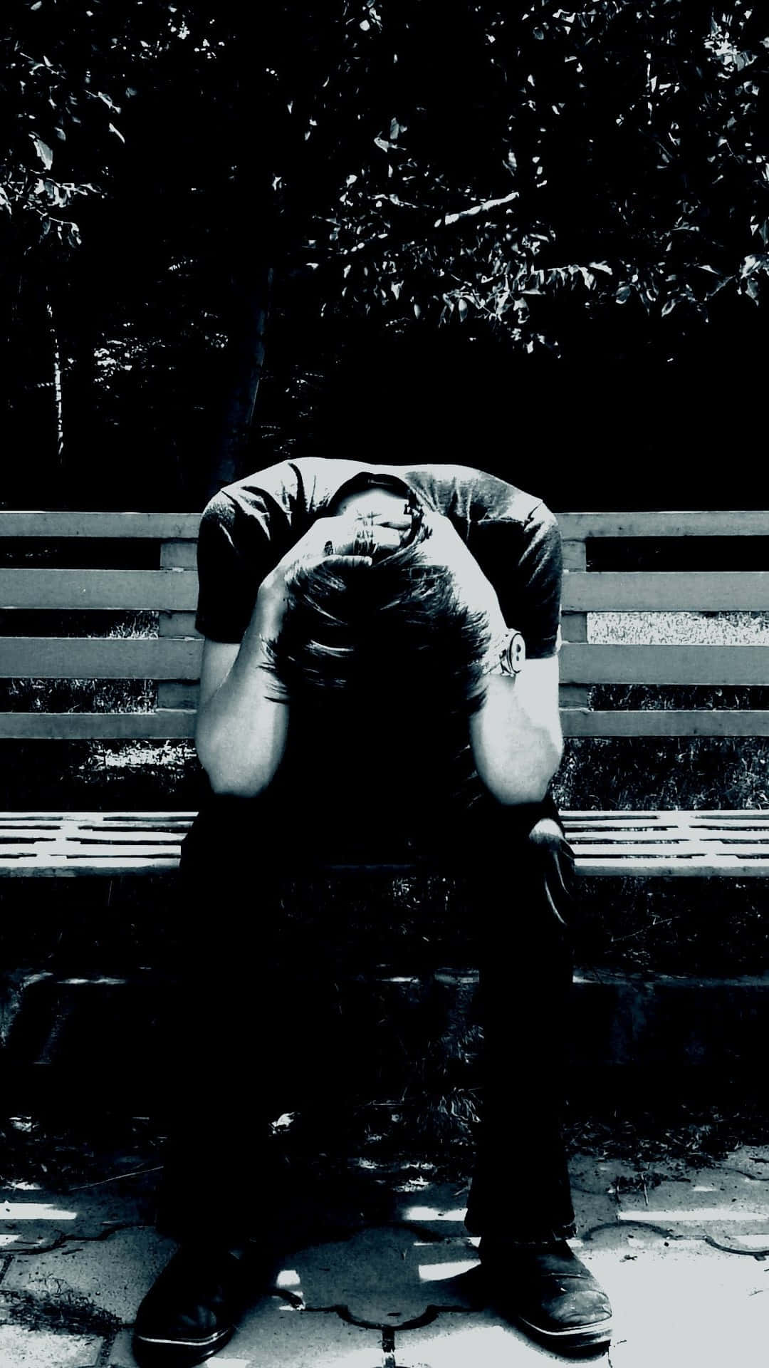 park bench, black and white photo, person, Full HD Phone Wallpaper