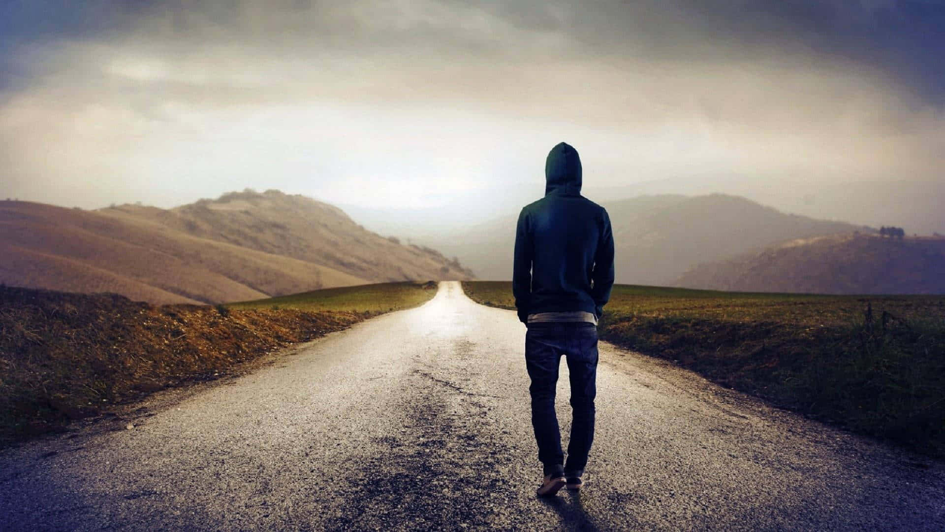 country road, hooded figure, wet road, Full HD Desktop Wallpaper
