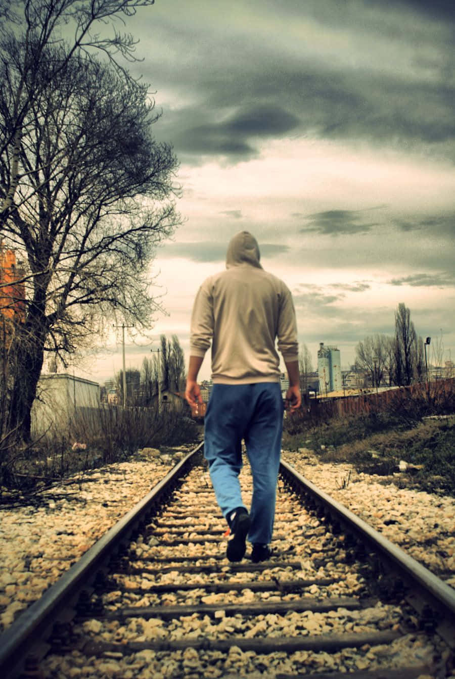 rail road, hooded figure, weathered train tracks, HD Phone Wallpaper