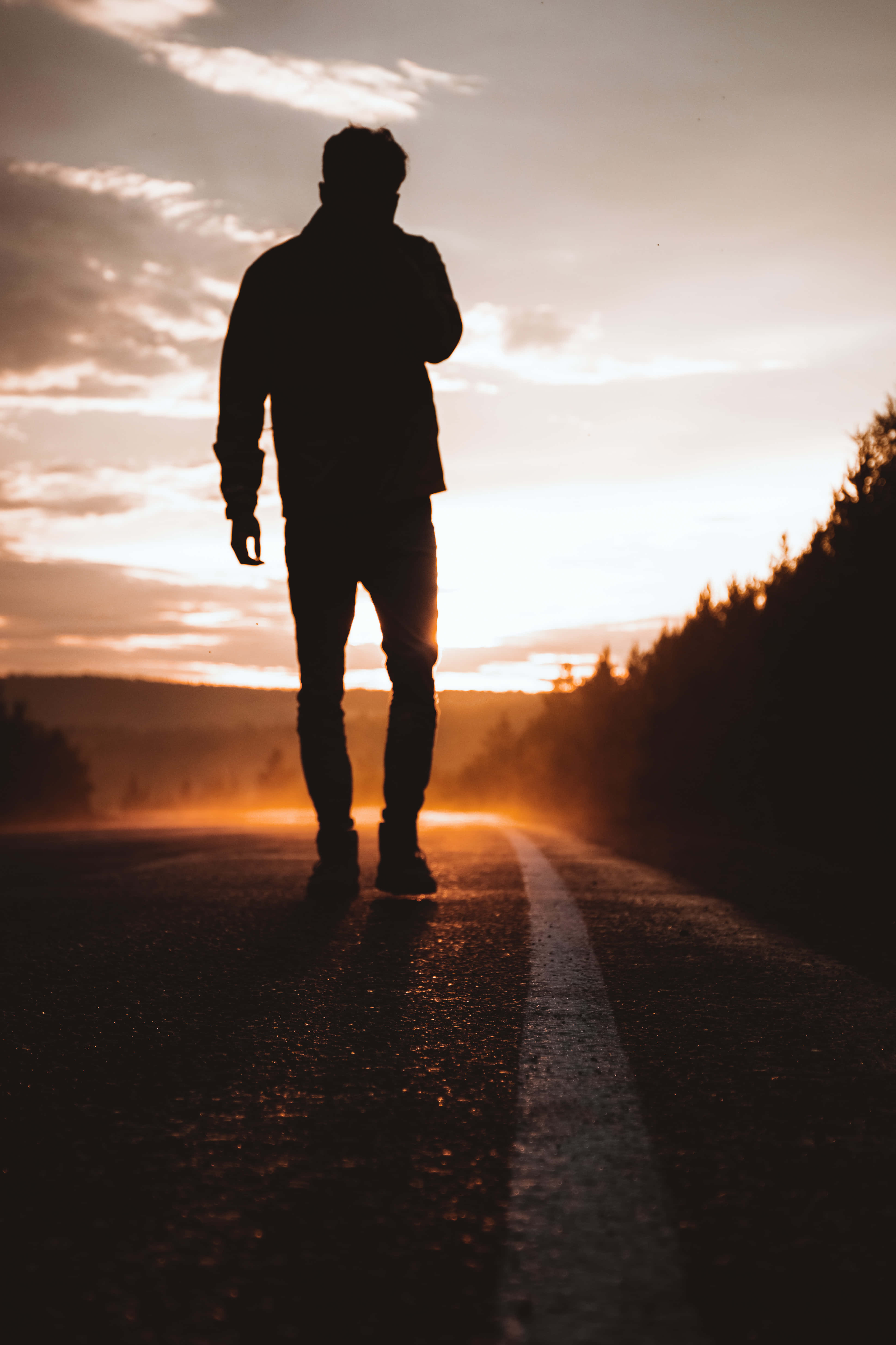 man, misty road, sunset, 5K Phone Wallpaper