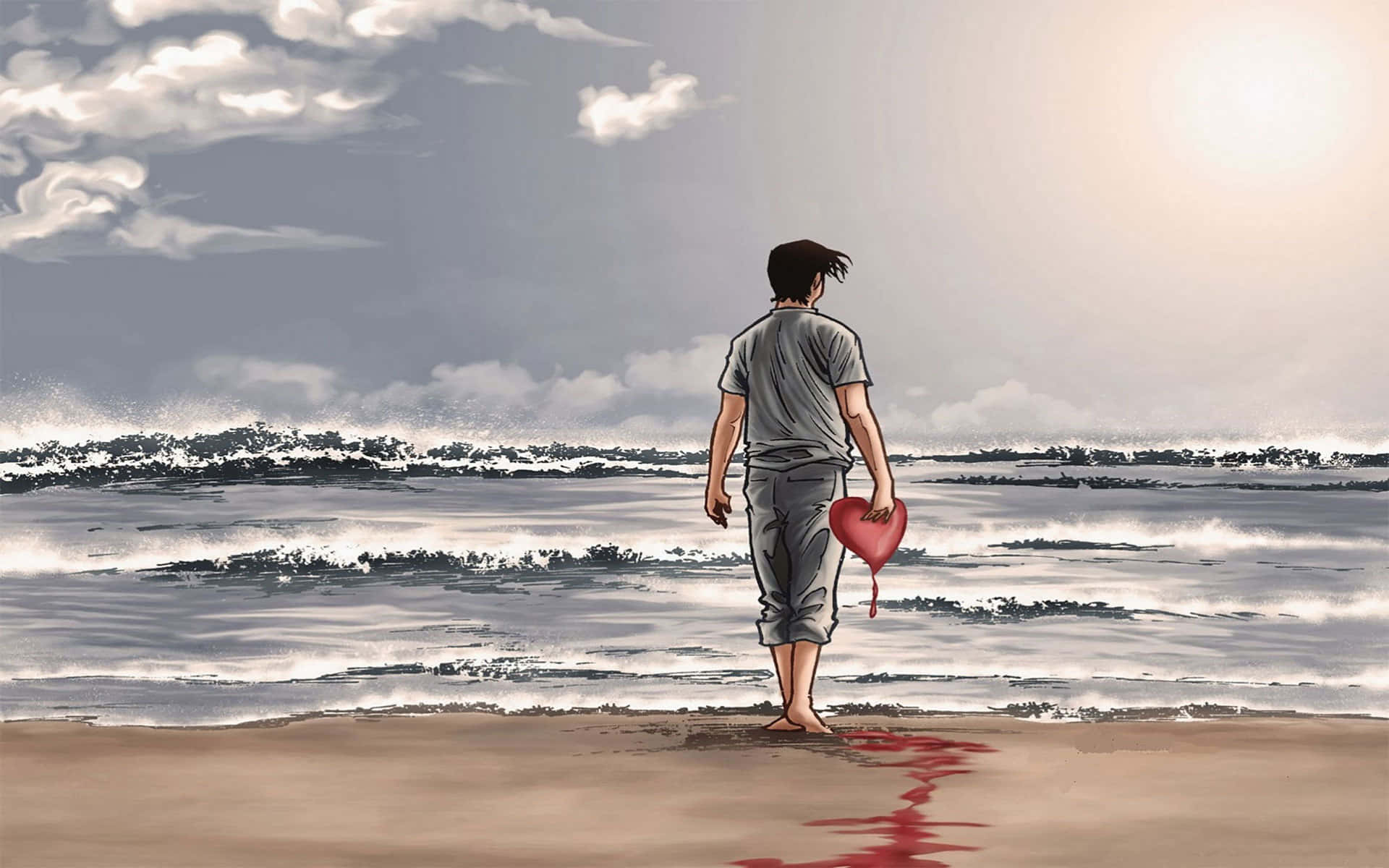 Man With Dripping Heart Of Sadness, beach, bleeding heart, Full HD Desktop Wallpaper