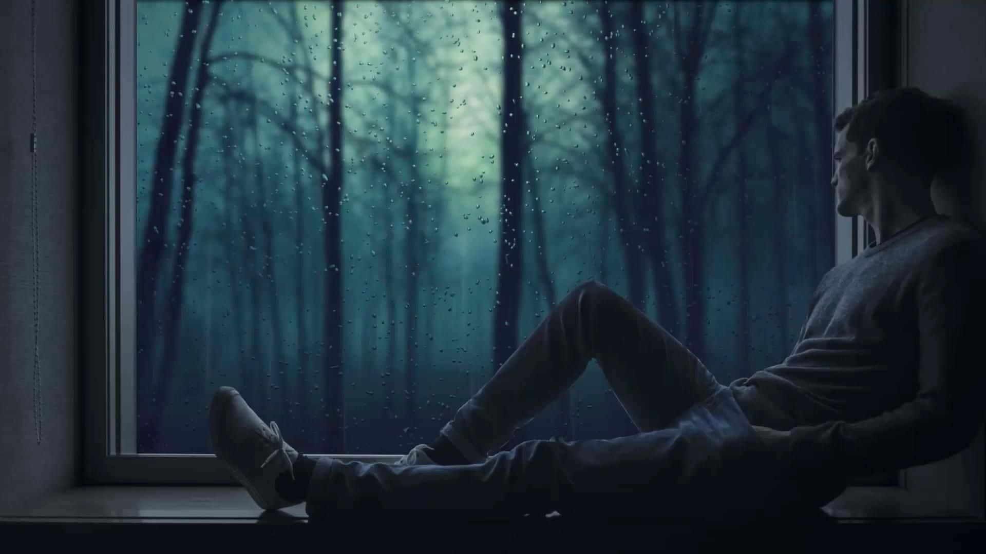 windowsill, rain-slicked forest, cool blue twilight, Full HD Desktop Wallpaper