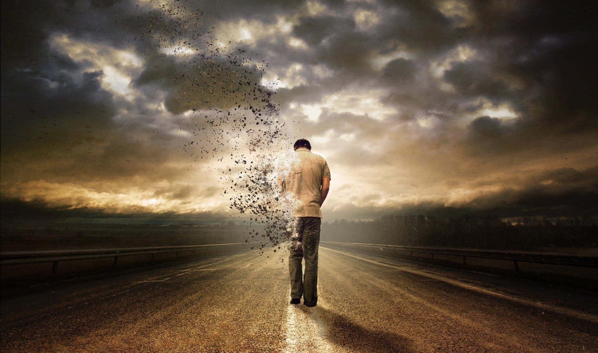 man, desolate highway, stormy sky, HD Desktop Wallpaper