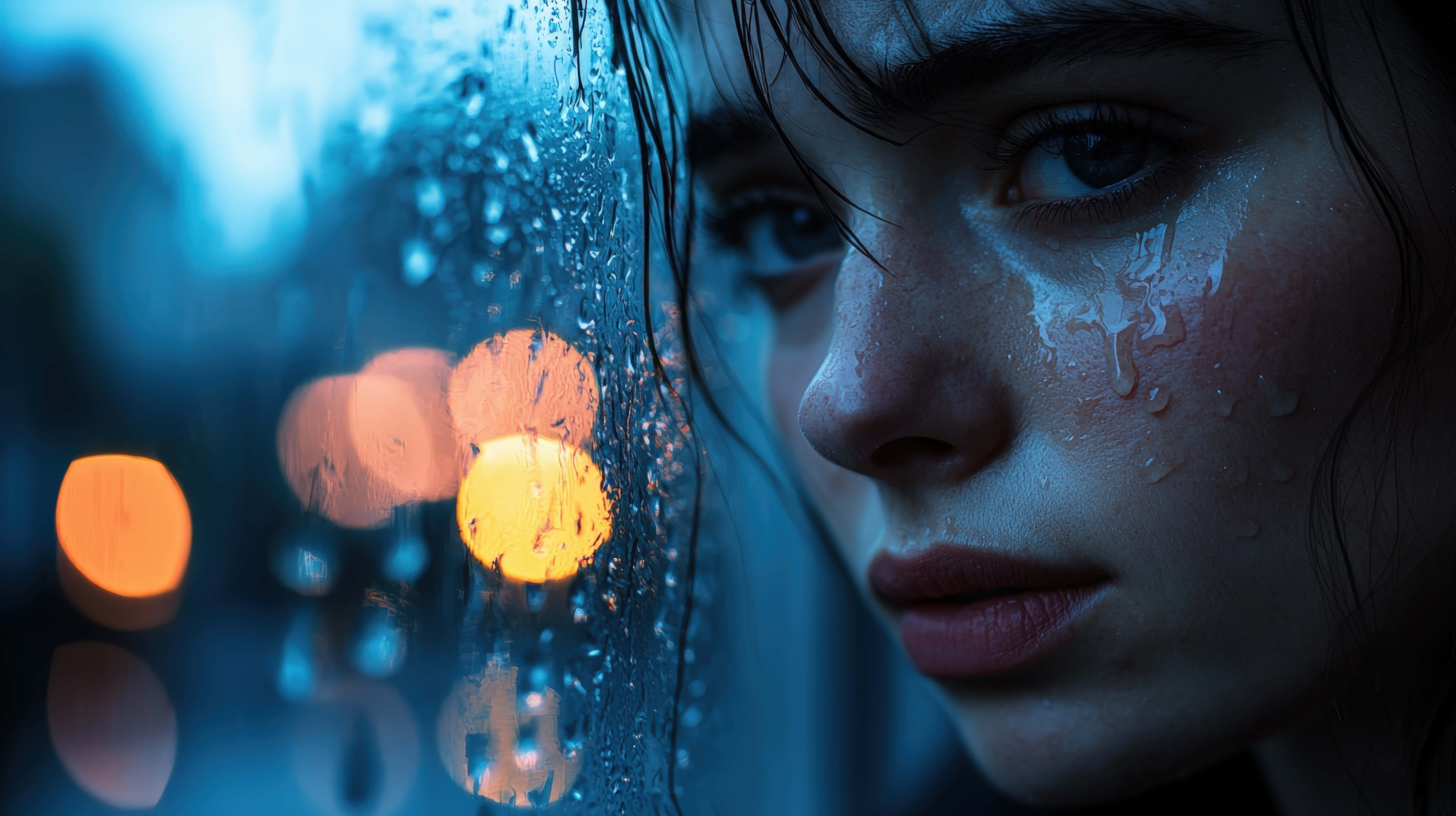 young woman, teary eyes, rain-covered window, 8K Desktop Wallpaper