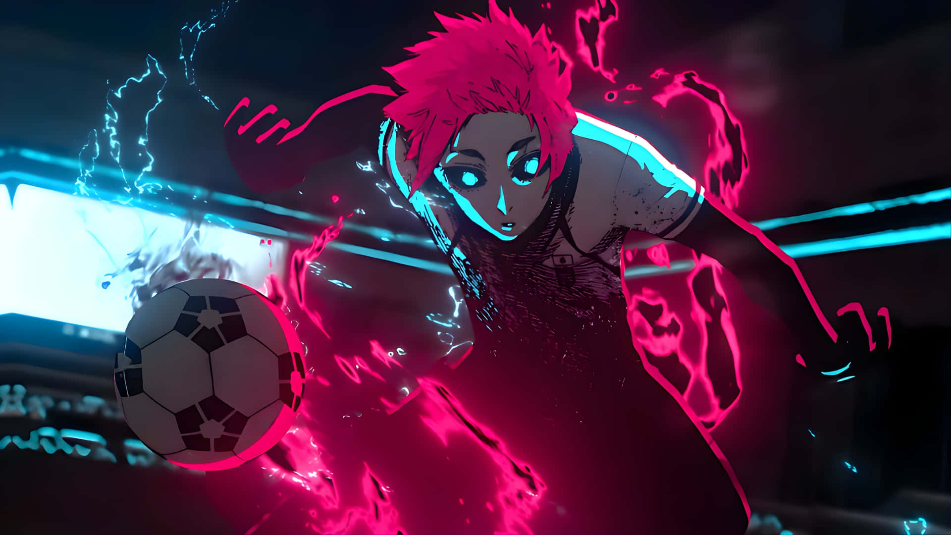 Sae Itoshi, neon-drenched, pink hair, Full HD Desktop Wallpaper