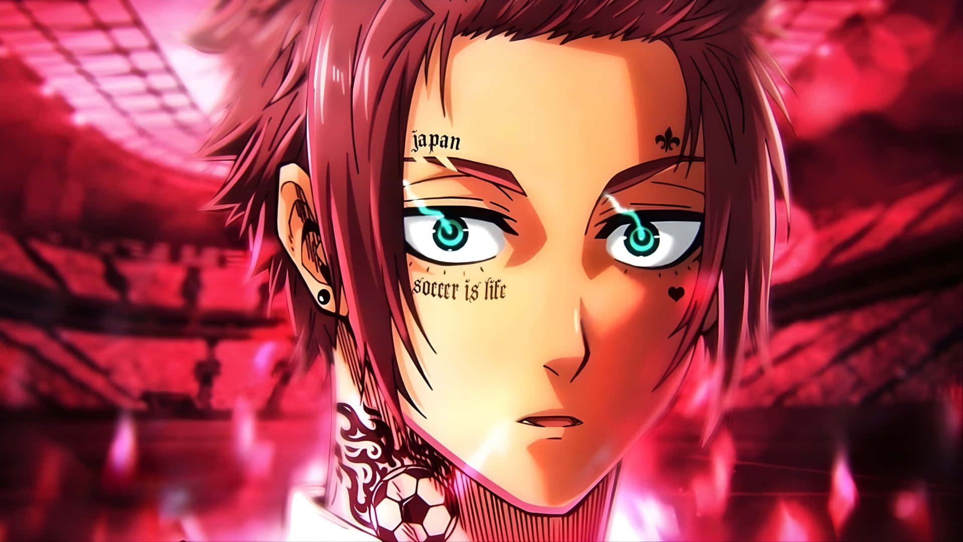 Sae Itoshi, glowing teal eyes, tattoos including japan and soccer is life, Full HD Desktop Wallpaper