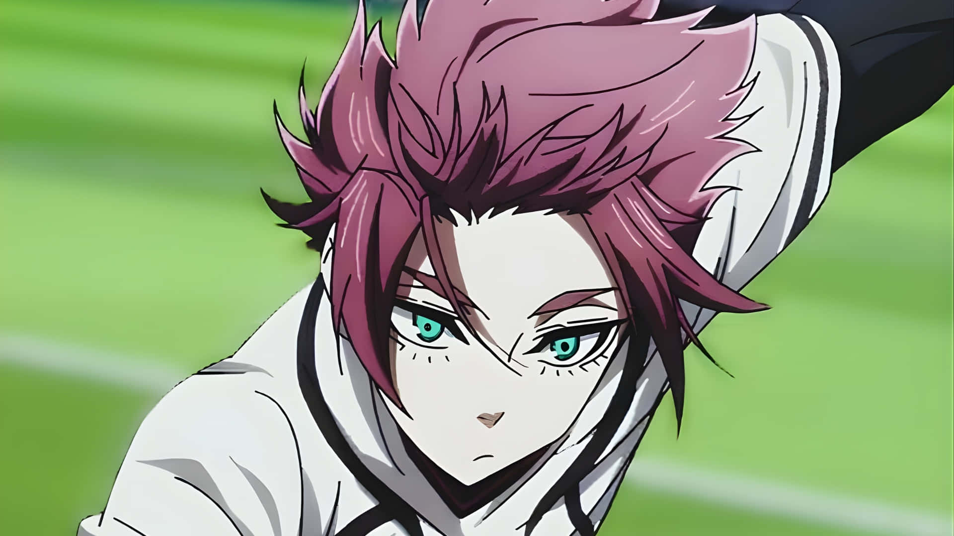 Sae Itoshi, spiky pink hair, intense green eyes, Full HD Desktop Wallpaper