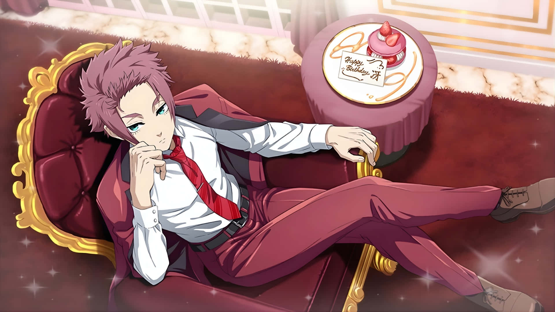 Sae Itoshi, pink hair, plush red chair, Full HD Desktop Wallpaper