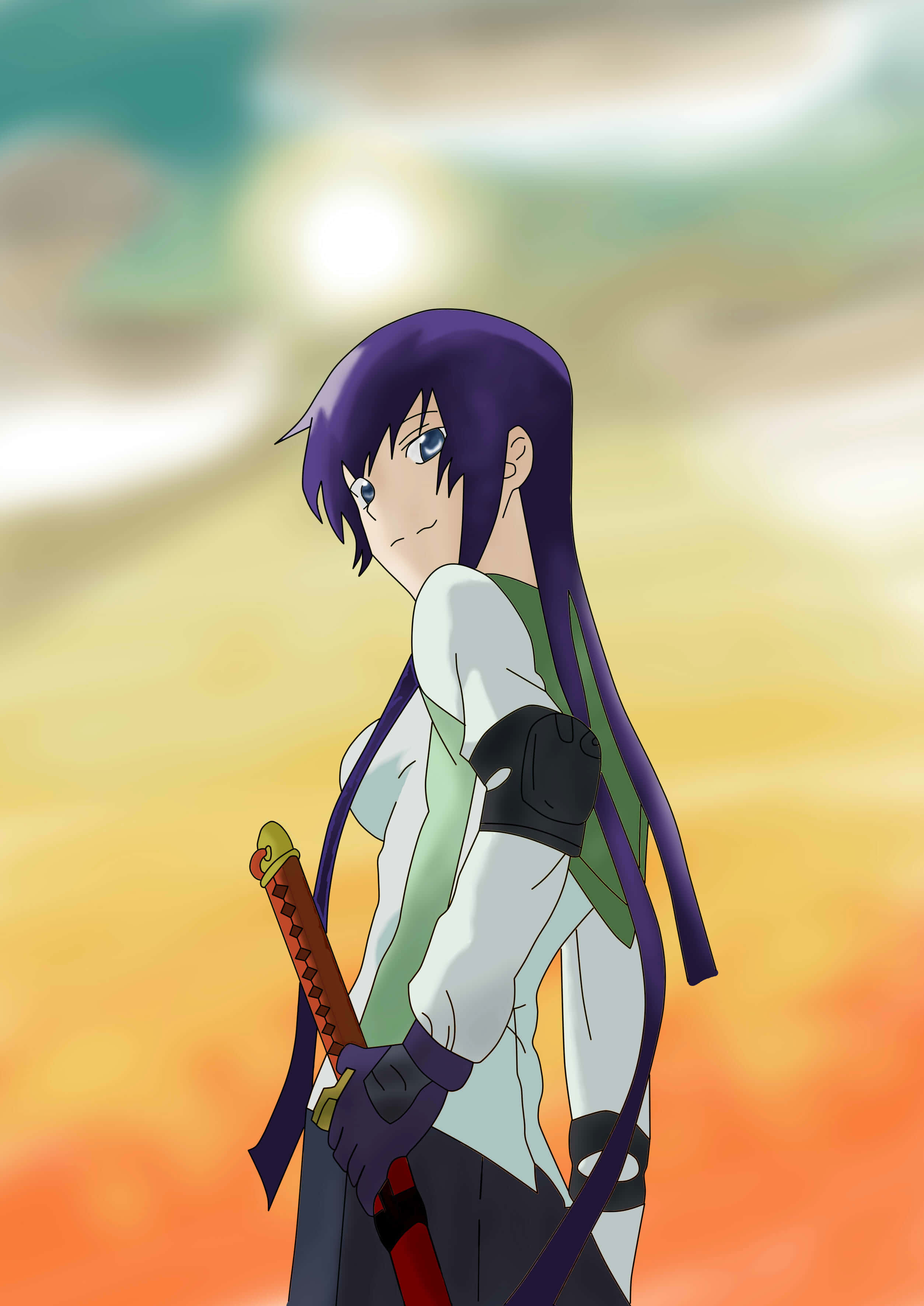 Saeko Busujima, kendo ready stance, purple-haired, 2K Phone Wallpaper
