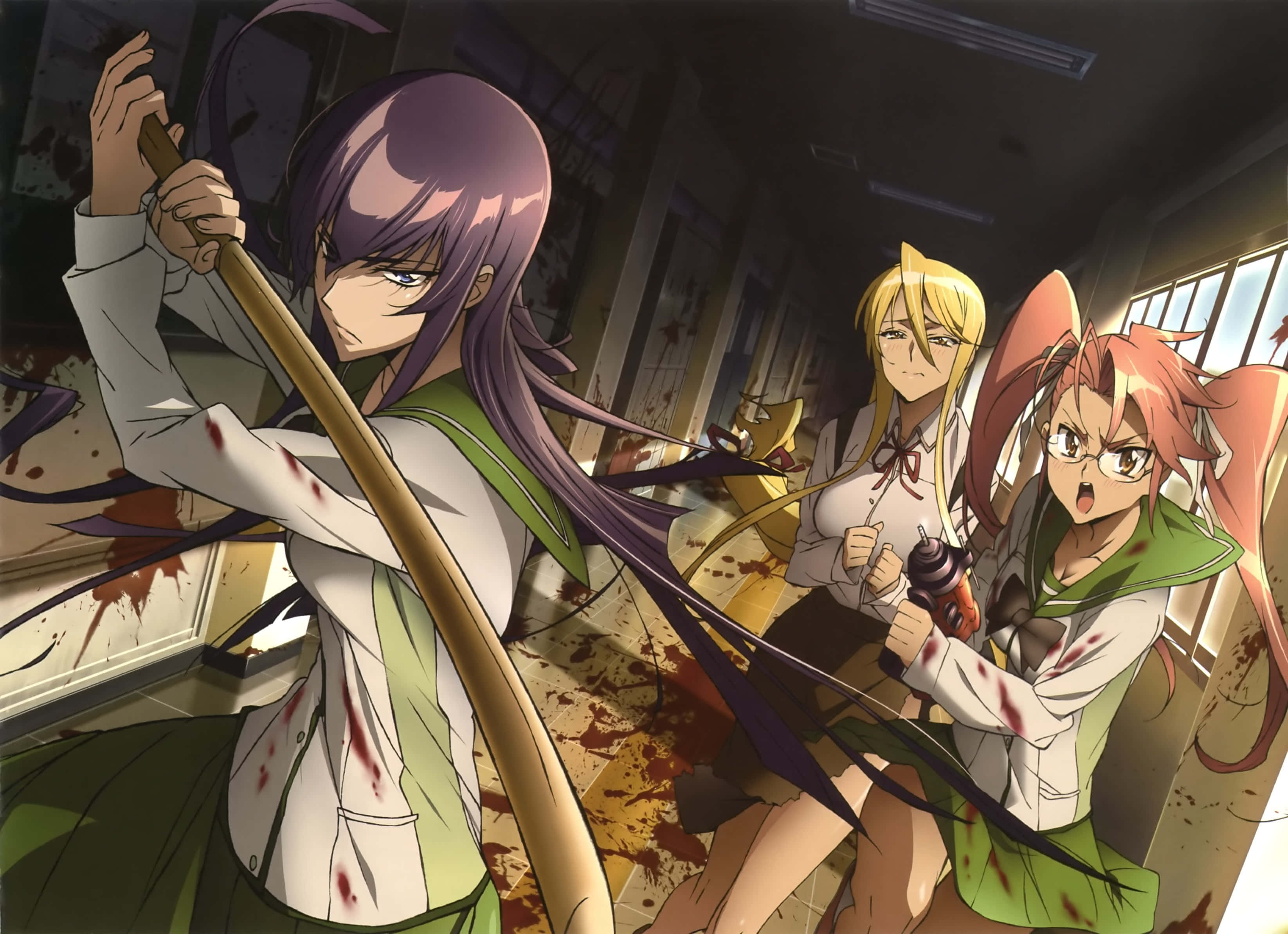 Saeko Busujima, action pose, school uniform, 2K Desktop Wallpaper