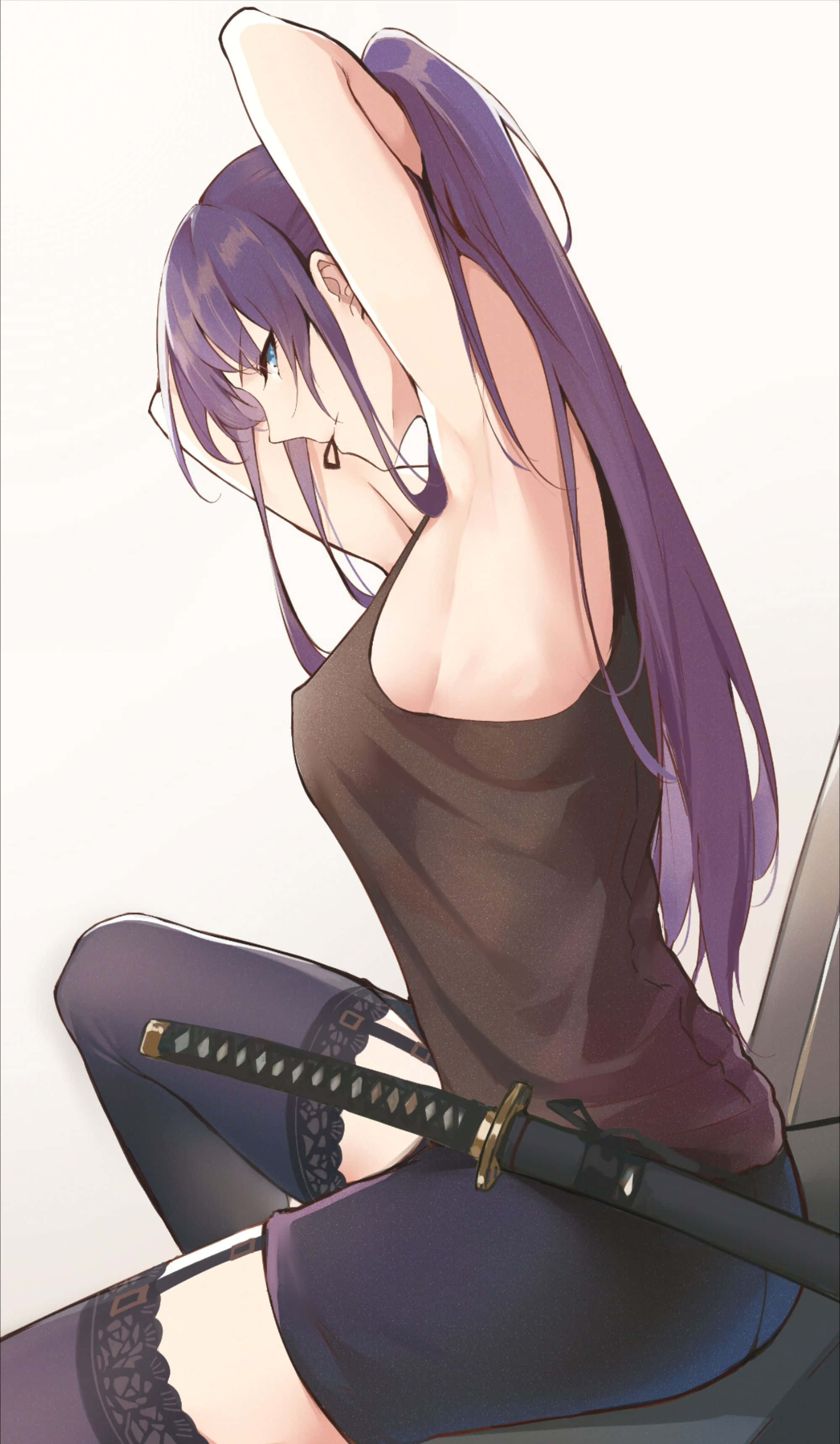 Saeko Busujima, purple-haired, dark tank top, 2K Phone Wallpaper