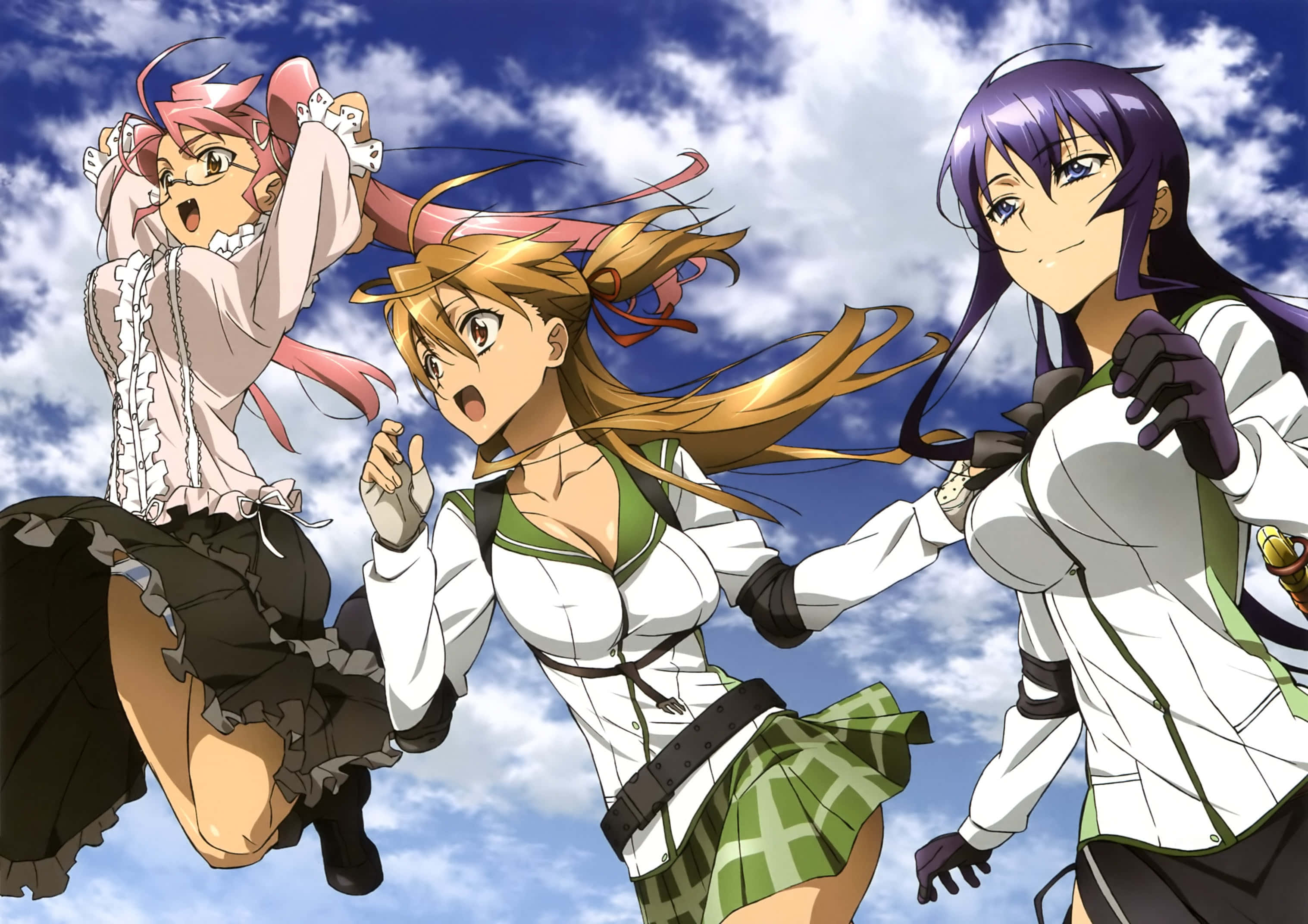 Saeko Busujima, bright blue sky, fluffy white clouds, 2K Desktop Wallpaper