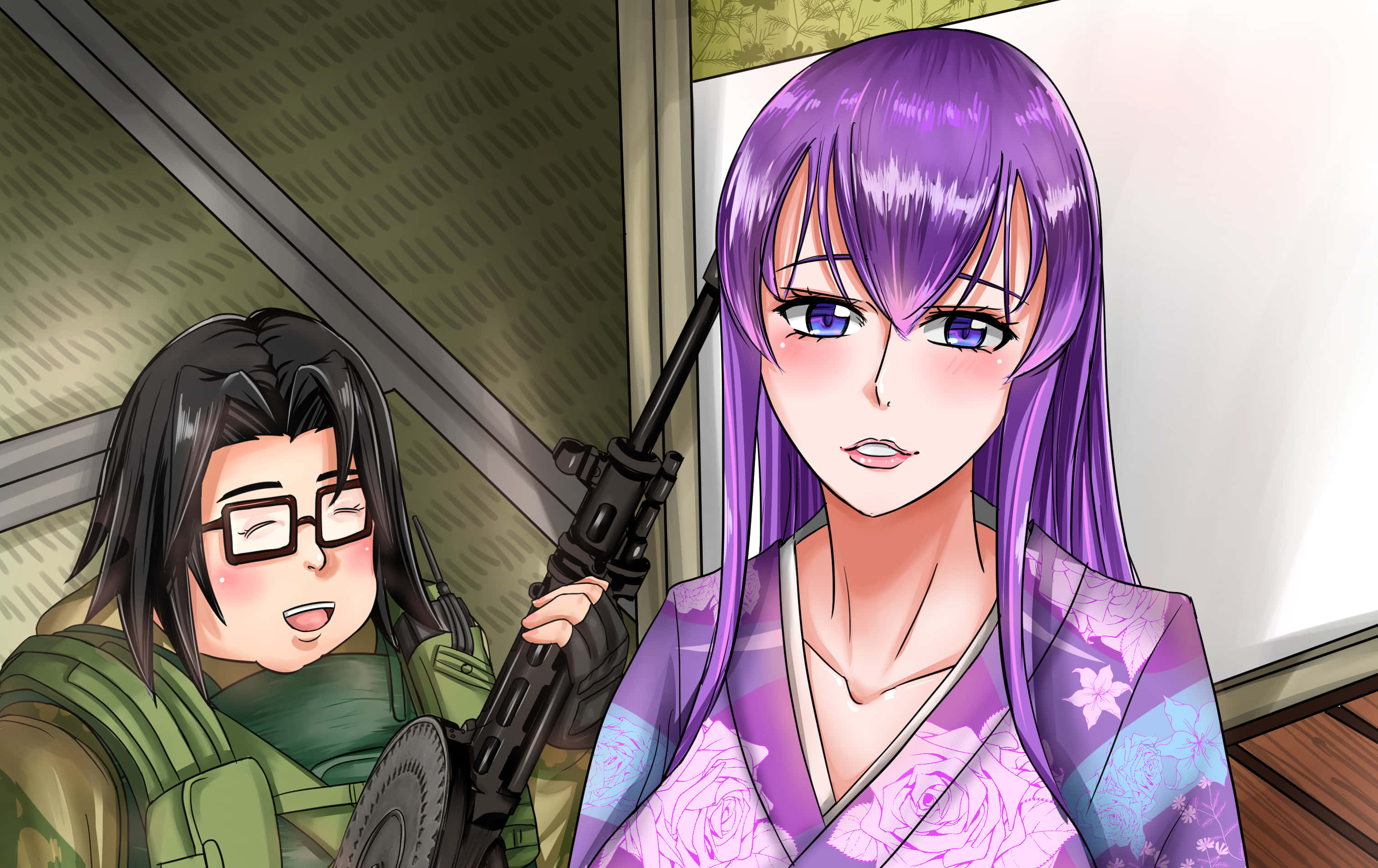 Saeko Busujima, purple-haired, floral kimono, 2K Desktop Wallpaper