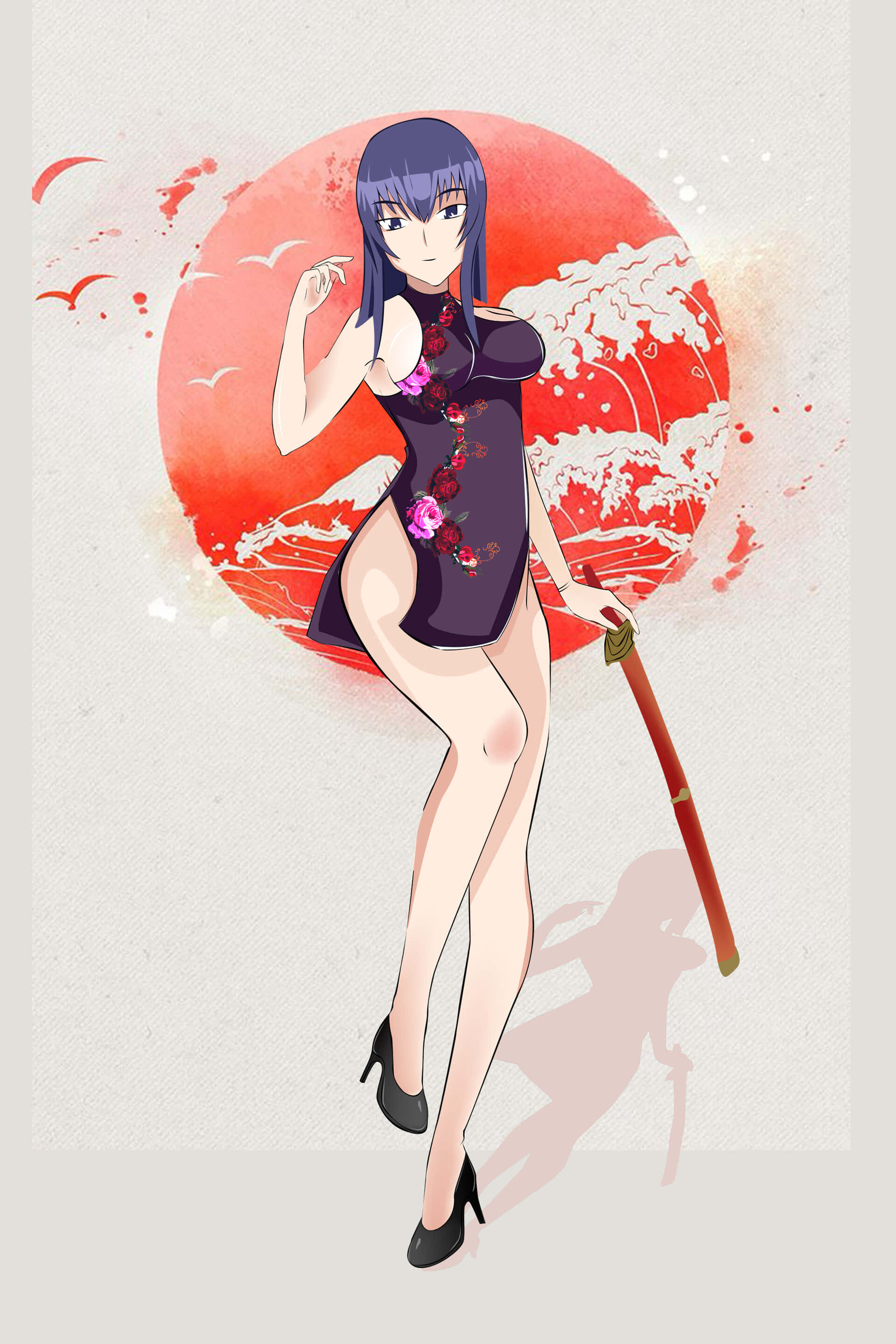 Saeko Busujima, purple hair, floral dress, 2K Phone Wallpaper