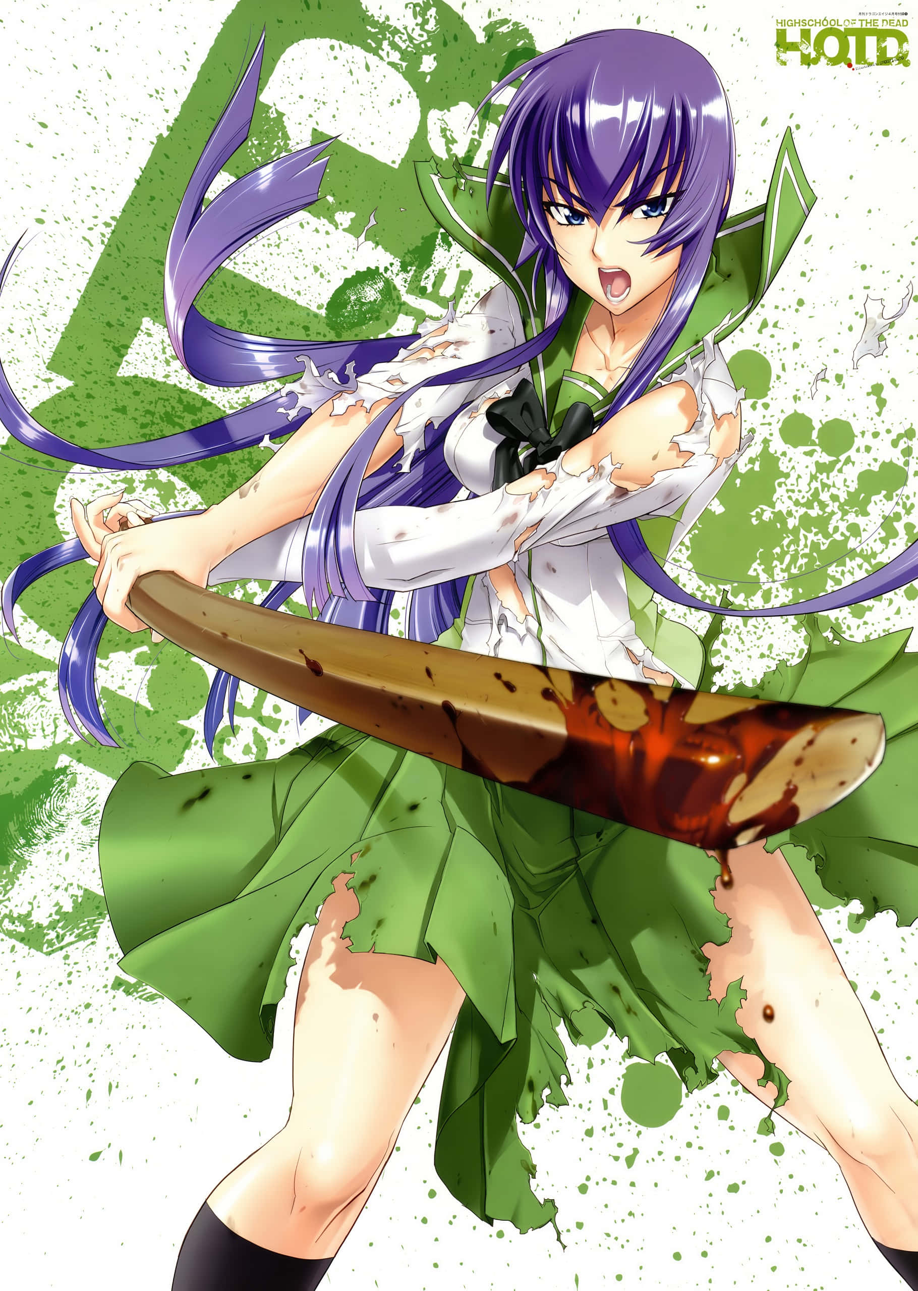 Saeko Busujima, purple hair, bloodied baseball bat, Full HD Phone Wallpaper