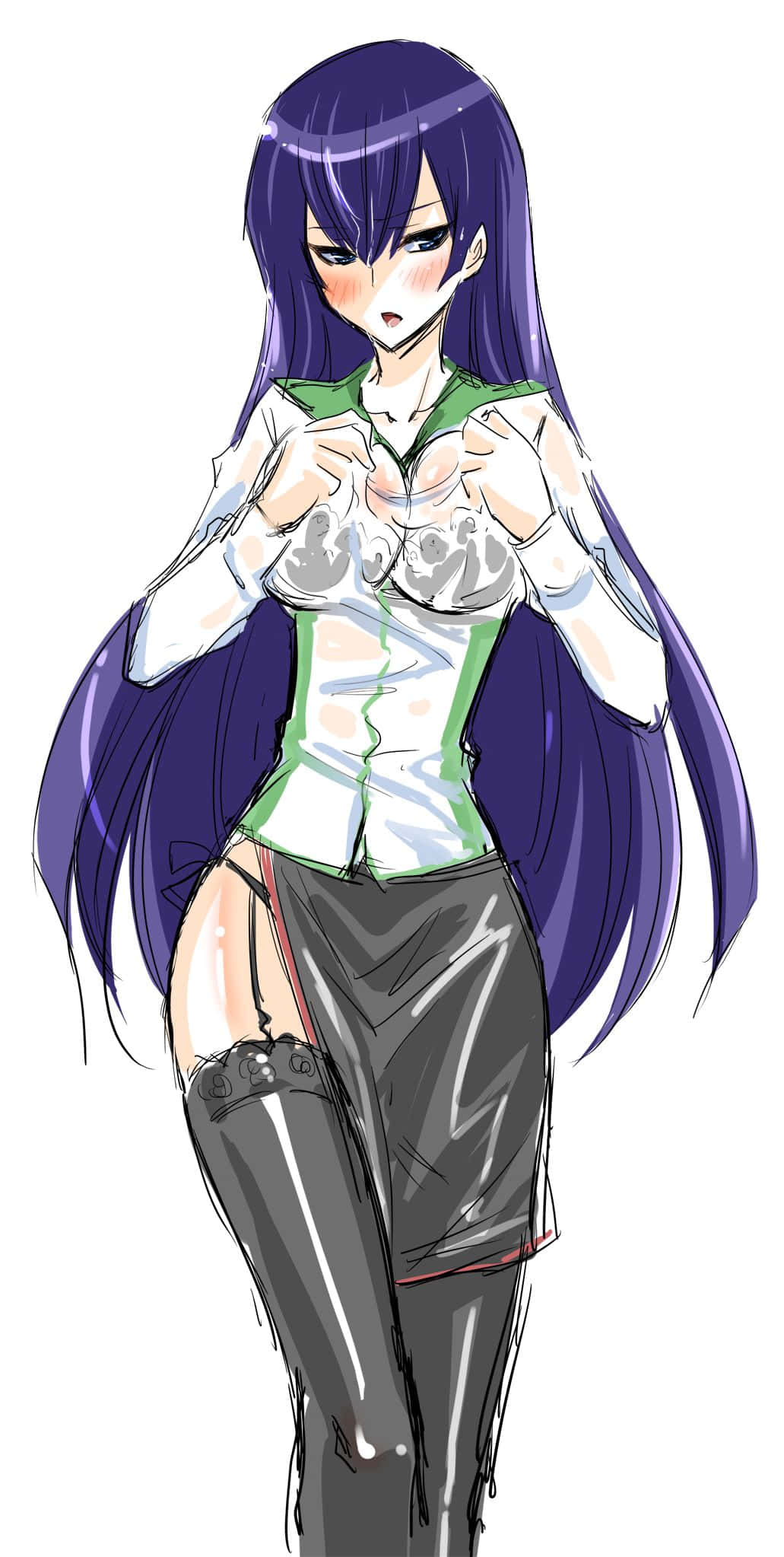Saeko Busujima, long purple hair, revealing green and white outfit, Full HD Phone Wallpaper