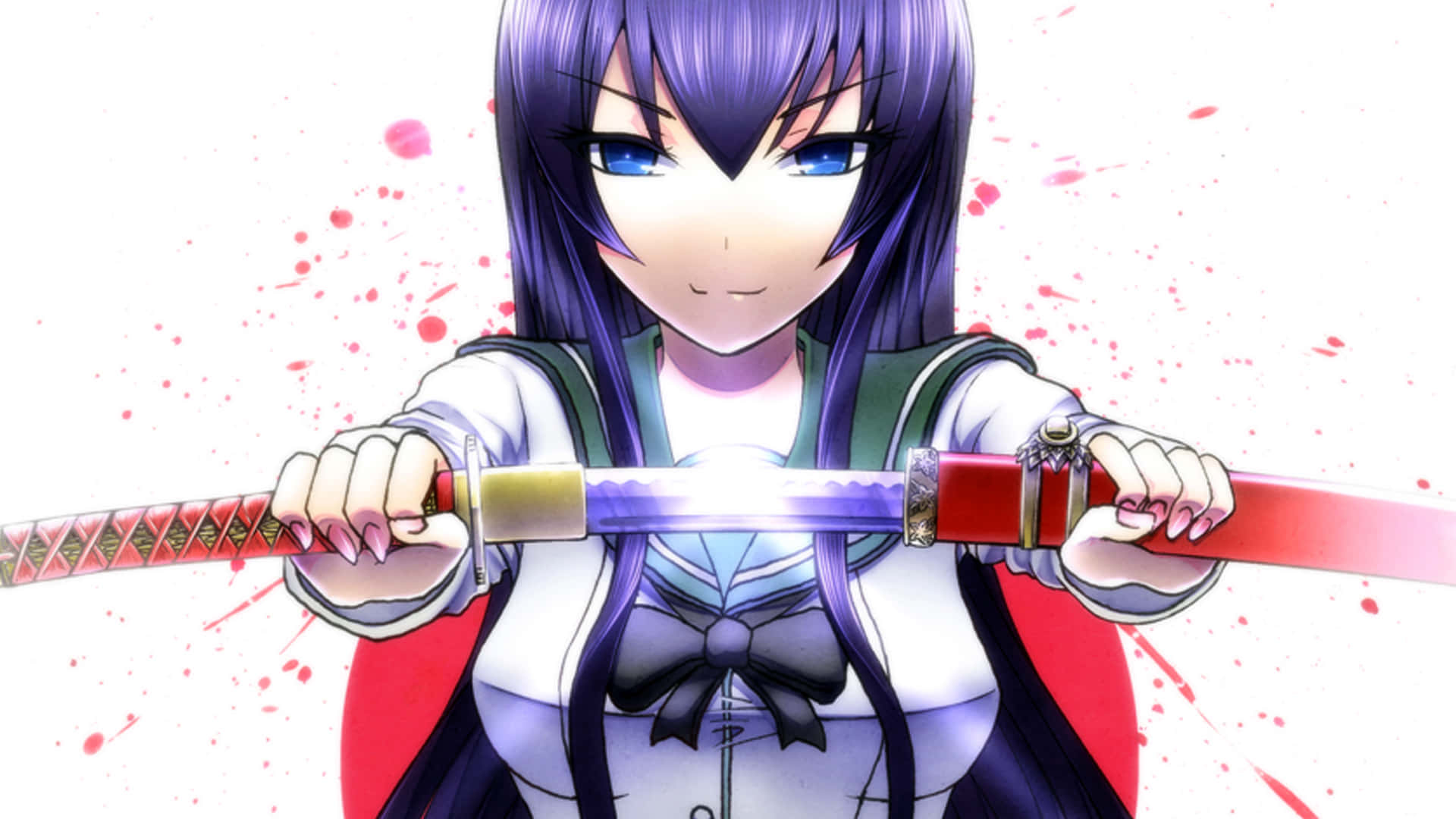 Saeko Busujima, purple hair, glowing katana, Full HD Desktop Wallpaper