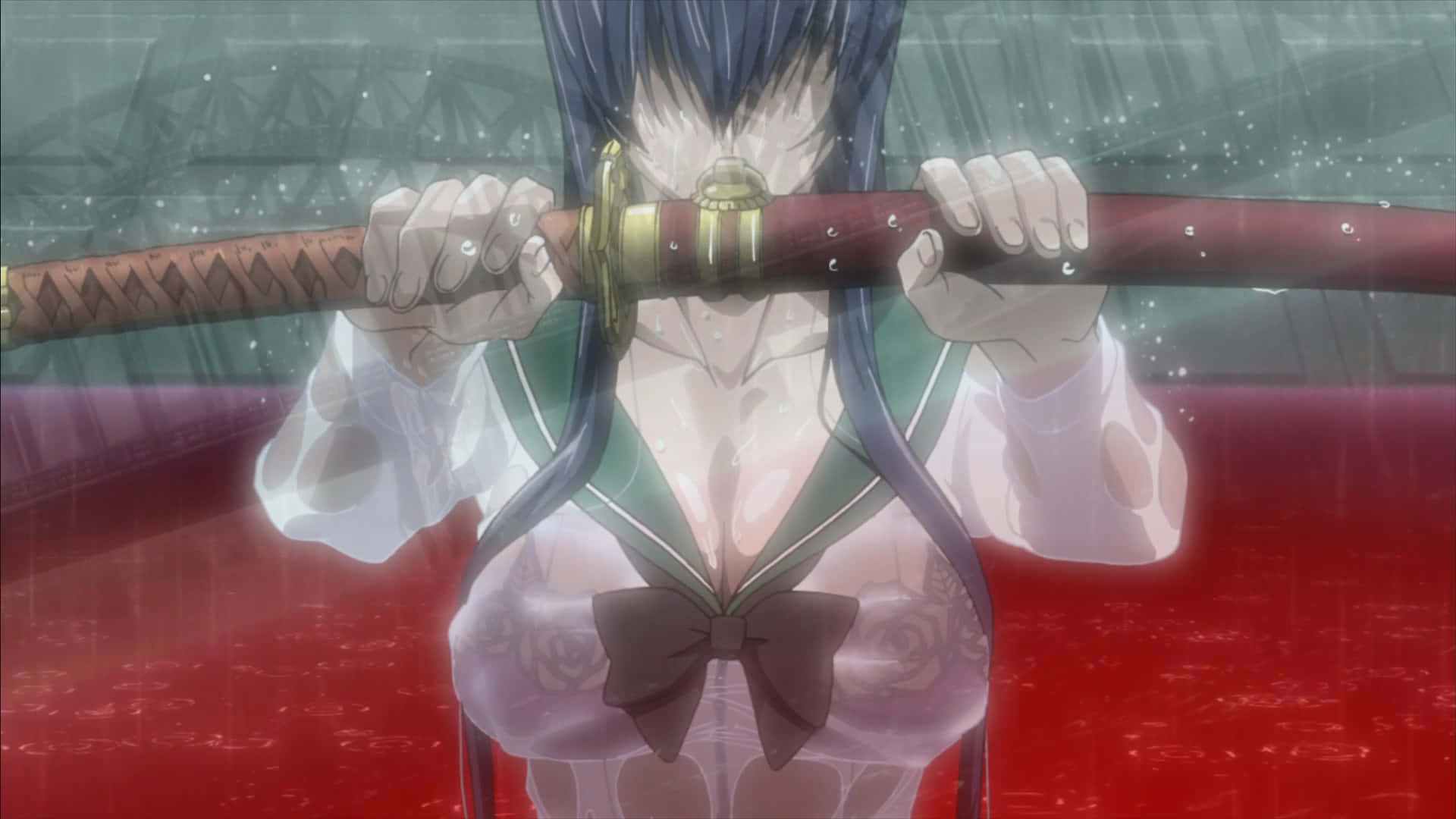 Saeko Busujima, battle mode, wet sailor uniform, Full HD Desktop Wallpaper