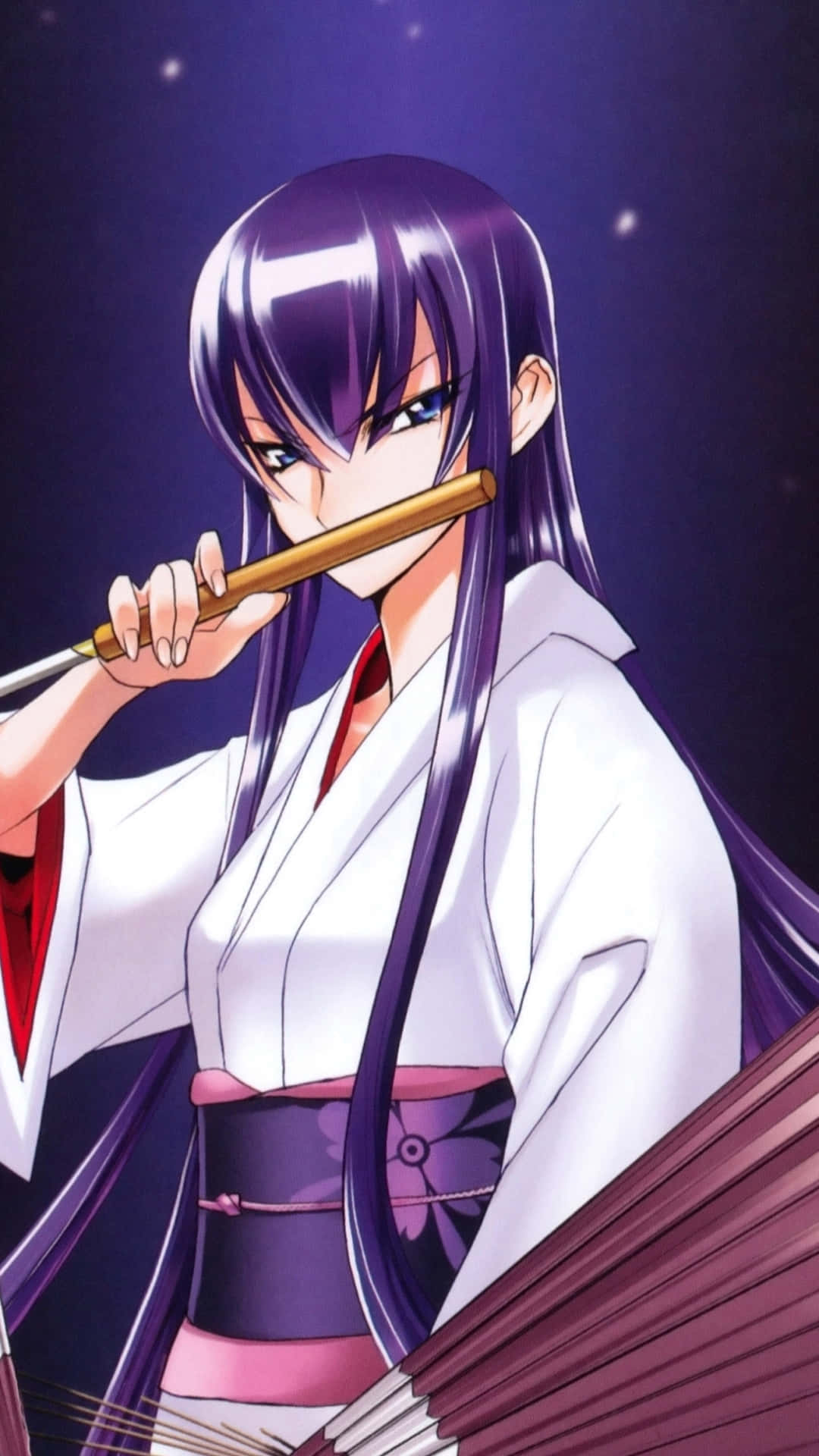 Saeko Busujima, purple-haired, white kimono, Full HD Phone Wallpaper