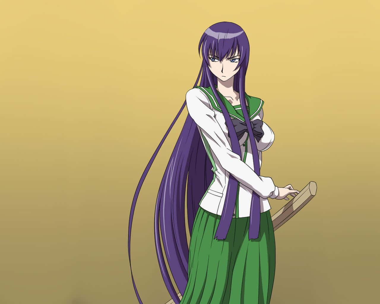 Saeko Busujima, purple-haired, green school uniform, HD Desktop Wallpaper
