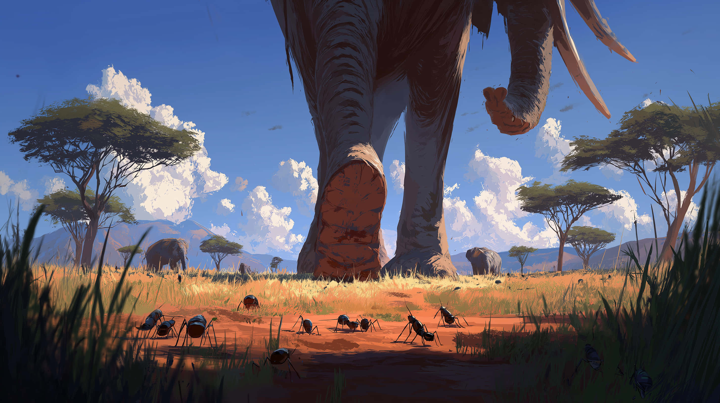 giant elephant, tiny ants, savanna landscape, 2K Desktop Wallpaper