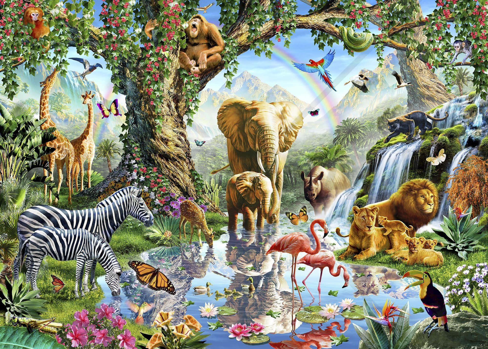 vibrant safari, jungle scene, elephants, Full HD Desktop Wallpaper